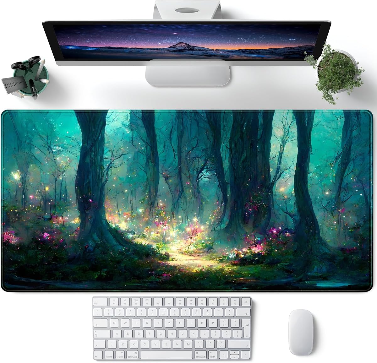 Alfombrilla de escritorio de bosque, alfombrilla de ratón azul y verde, alfombrilla grande para teclado de ordenador portátil, alfombrilla de ratón para juegos, alfombrilla de ratón XXL de 31,5 pulgadas x 15,7 pulgadas, alfombrilla de escritorio bonita