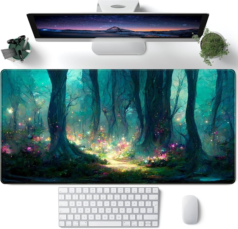 Alfombrilla de escritorio de bosque, alfombrilla de ratón azul y verde, alfombrilla grande para teclado de computadora portátil, alfombrilla de ratón para juegos, alfombrilla de ratón XXL de 31,5 pulgadas x 15,7 pulgadas, alfombrilla de escritorio bonita