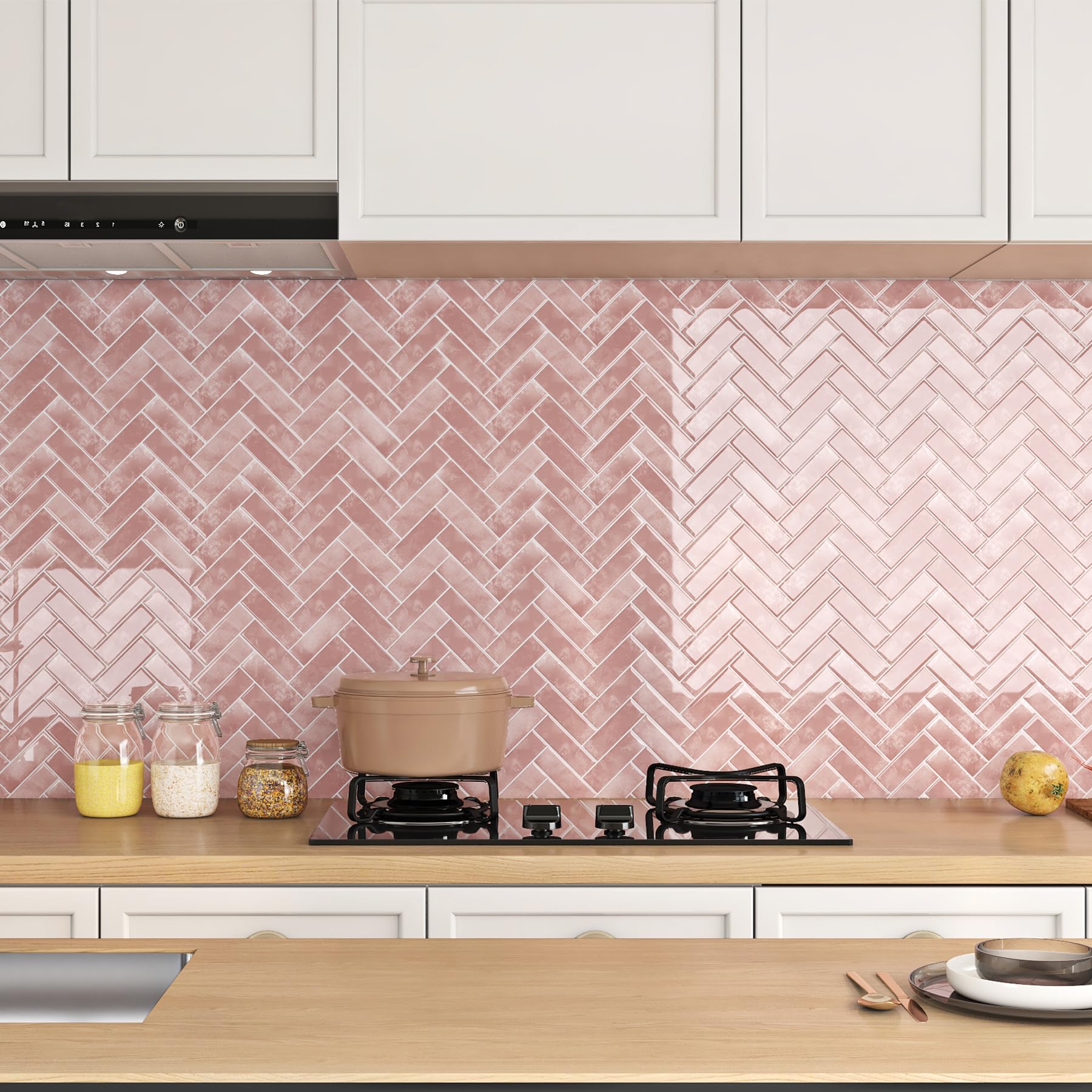 Livelynine Baldosas Adhesivas Pared Cocina 3D Azulejos Adhesivos Cocina Baño Rosa Espiga 30x30CM 16 Losetas Vinilo Adhesivo Pared Chimenea Lavable Losetas Vinilo para Paredes de Baño Rosa Palo