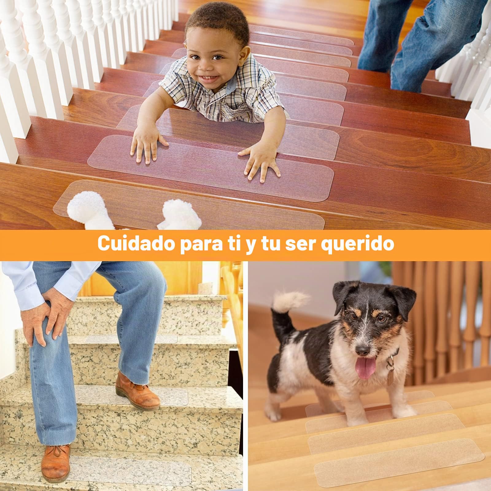 Cinta Antideslizante Escaleras, 60 * 10cm, 15pcs, Cinta Antideslizante de Tracción, Cinta Adhesiva Antideslizante Seguridad, Adecuado para Uso Interior, Impermeable, Transparente