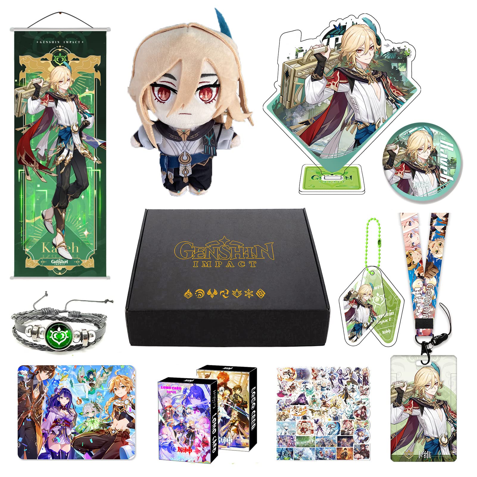 Genshin Impact Box Merch Set with 11 Gifts, Wanderer Cyno Xiao All 5 Stars Characters Plush Poster Acrylic Stand Bracelet Stickers Set, Collectibles for Traveller Fans (Kaveh)