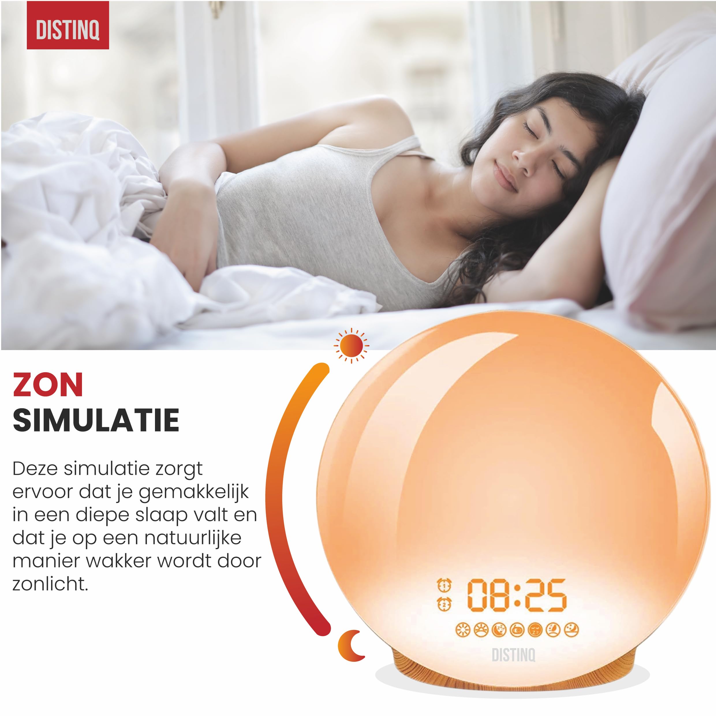 DistinQ Wake-Up Light Wekkerradio - Dubbele Wektijd, Slaaphulp Met USB En FM Radio
