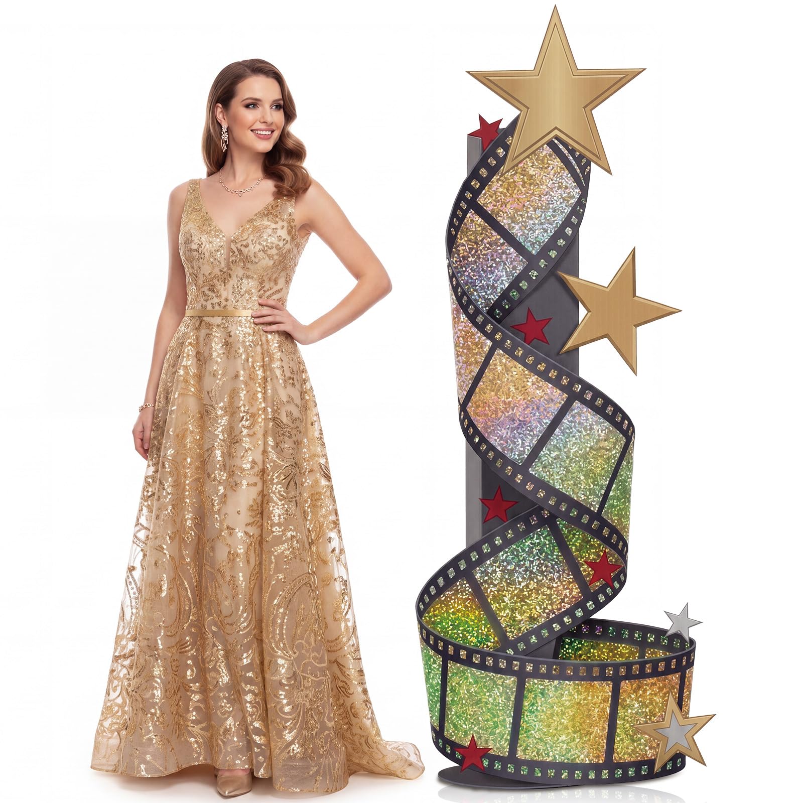 DoubleFill 5.9 ft Movie Awards Night Party Decorations 3D Gold Stars Filmstrip Column Cardboard Cutout Stand up Premiere Party Decorations Red Carpet Photo Prop Backdrop for Movie Award Theme Decor