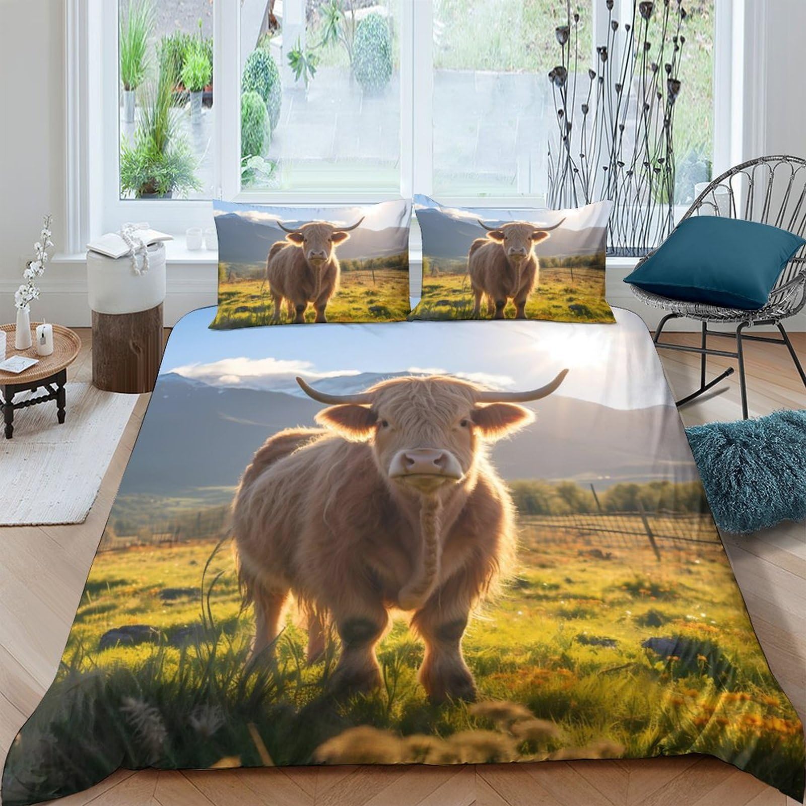 Ctjqhvkz Style-10 3D Printed Highland Cow Fitted Sheet Microfiber Soft Breathable Pasture Bed Cover For Bedroom Guest Room Mattress Protection Single（135X200cm）