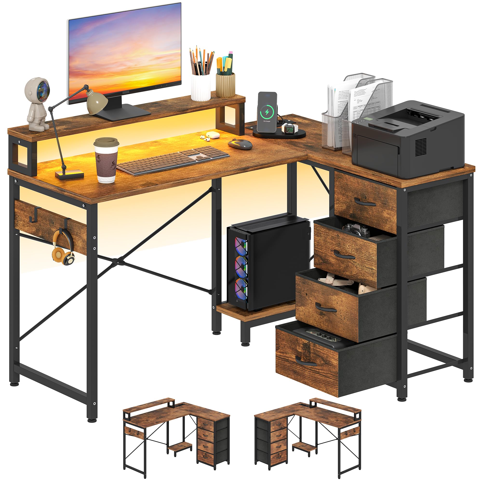 YITAHOME Scrivania Ufficio con Scaffale Portaoggetti fai-da-te a 4 Livelli, Scrivania Multifunzione con 2 Porte USB e Prese Elettriche per lo Studio, il Soggiorno, 130x100x75cm, Marrone Vintage