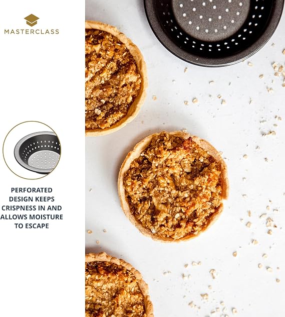 MasterClass KCMCCB73 Crusty Bake 10 cm Perforated Pie Dish with PFOA Non Stick, Robust 1 mm Carbon Steel, 4 Inch Round Individual Tin, Black