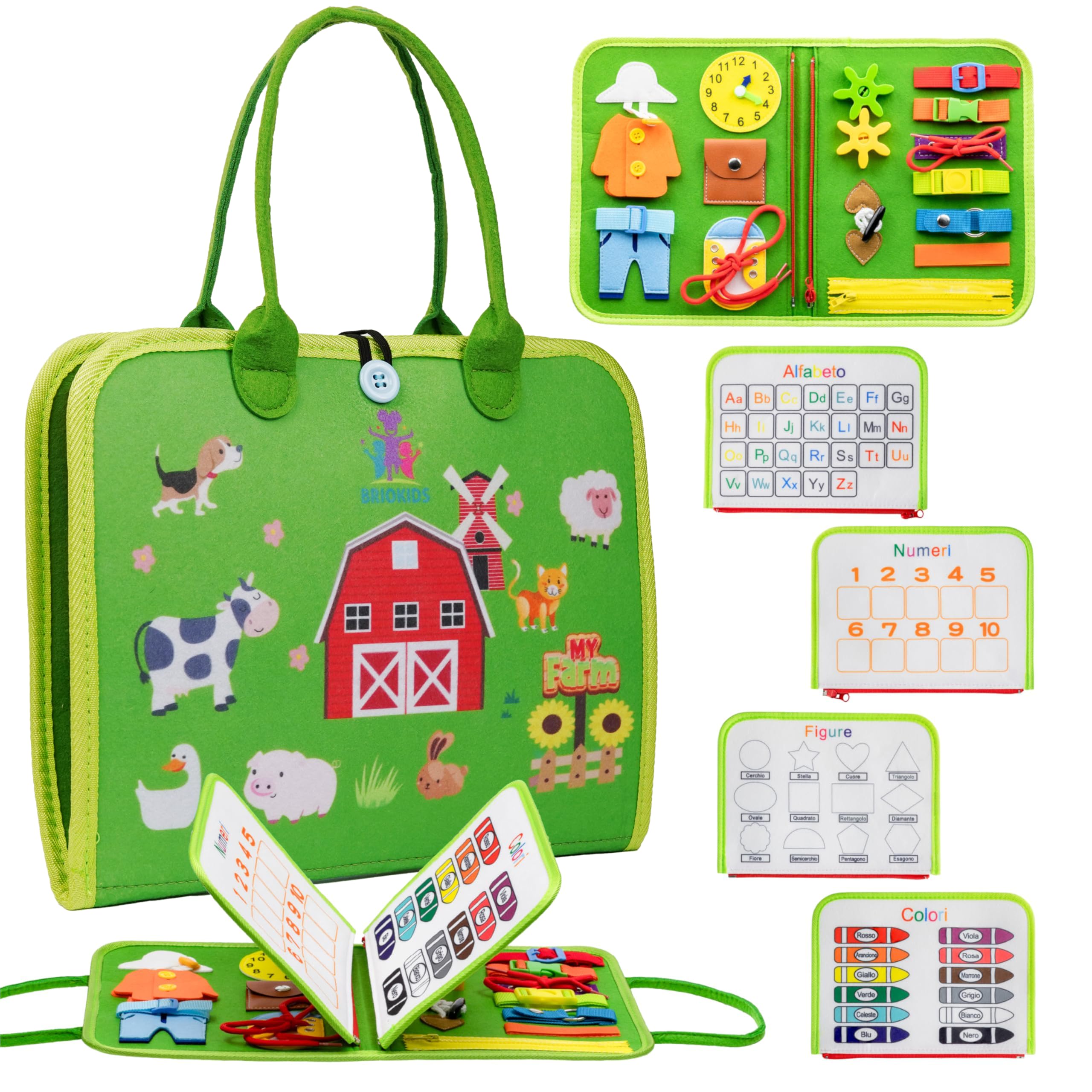 Libro Montessori Interattivo in Feltro - Busy Board Montessori Italiano - Gioco Bambino 2, 3, 4 Anni - Valigetta Sensoriale con Giochi Educativi per Maschio e Femmina per Sviluppo Cognitivo
