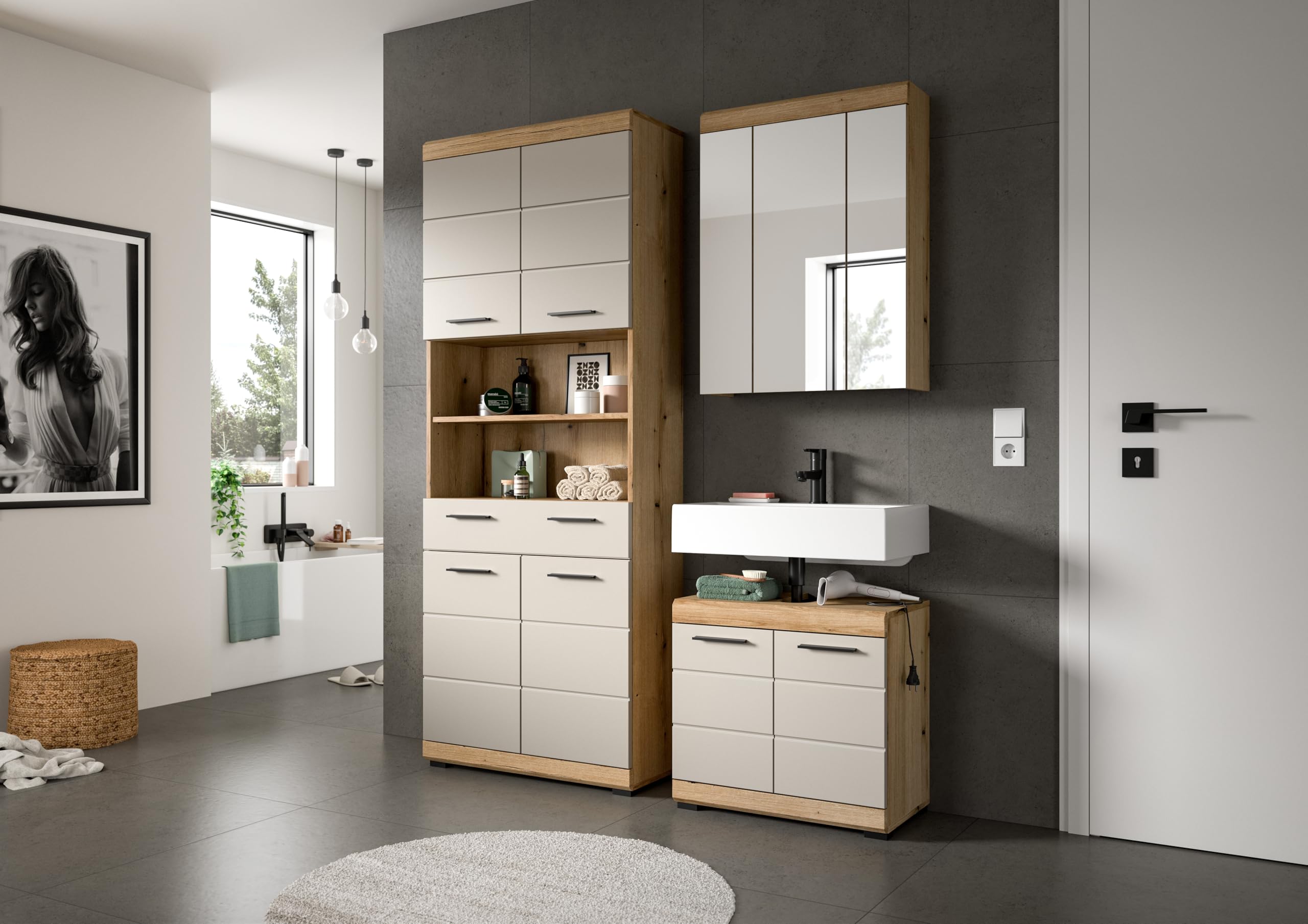 xonox.home – Badkombination Scout 149x191x34 cm in Evoak Oak und Kaschmir Nachbildung matt – Elegantes Set mit natürlichem Holz-Look – geradlinig – Bild 5