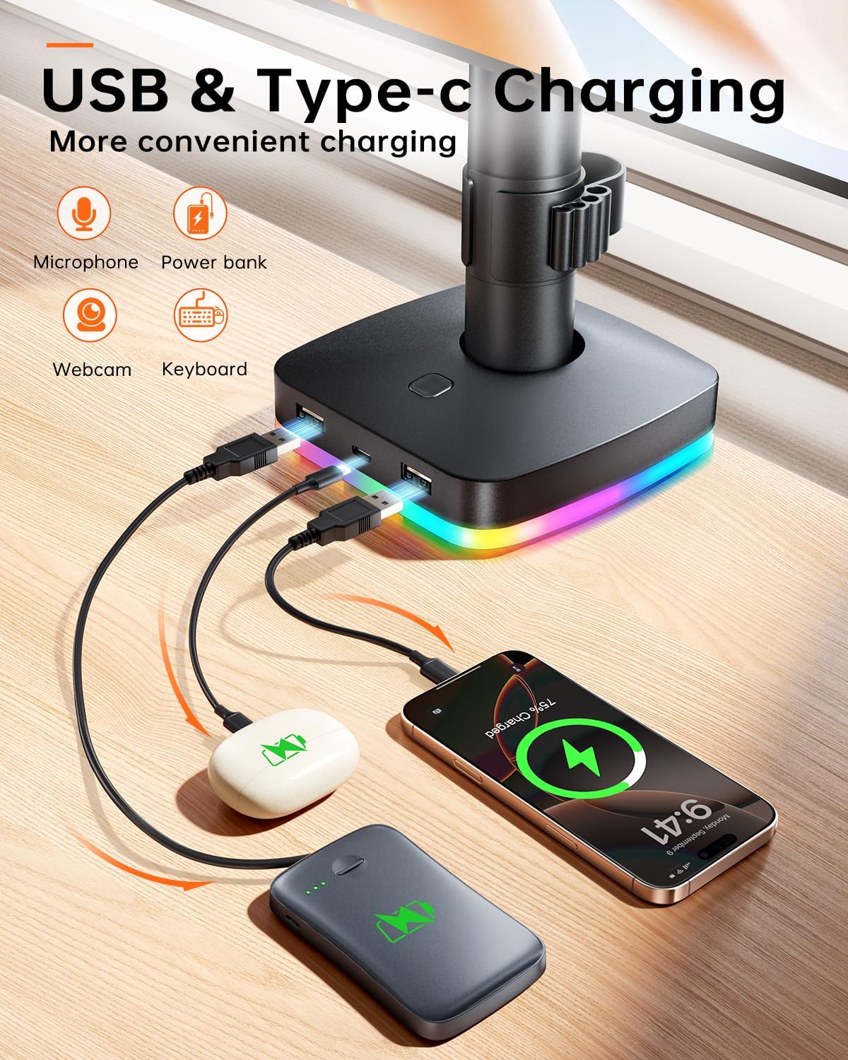 RGB Dual Monitor Desk Mount, Monitor Stand with 3 USB Ports, Charging and USB Data Transfer Function, Adjustable Arms for 13"-27" Monitors up to 17.6lbs, VESA 75x75mm 100x100mm, Ergonomic Design