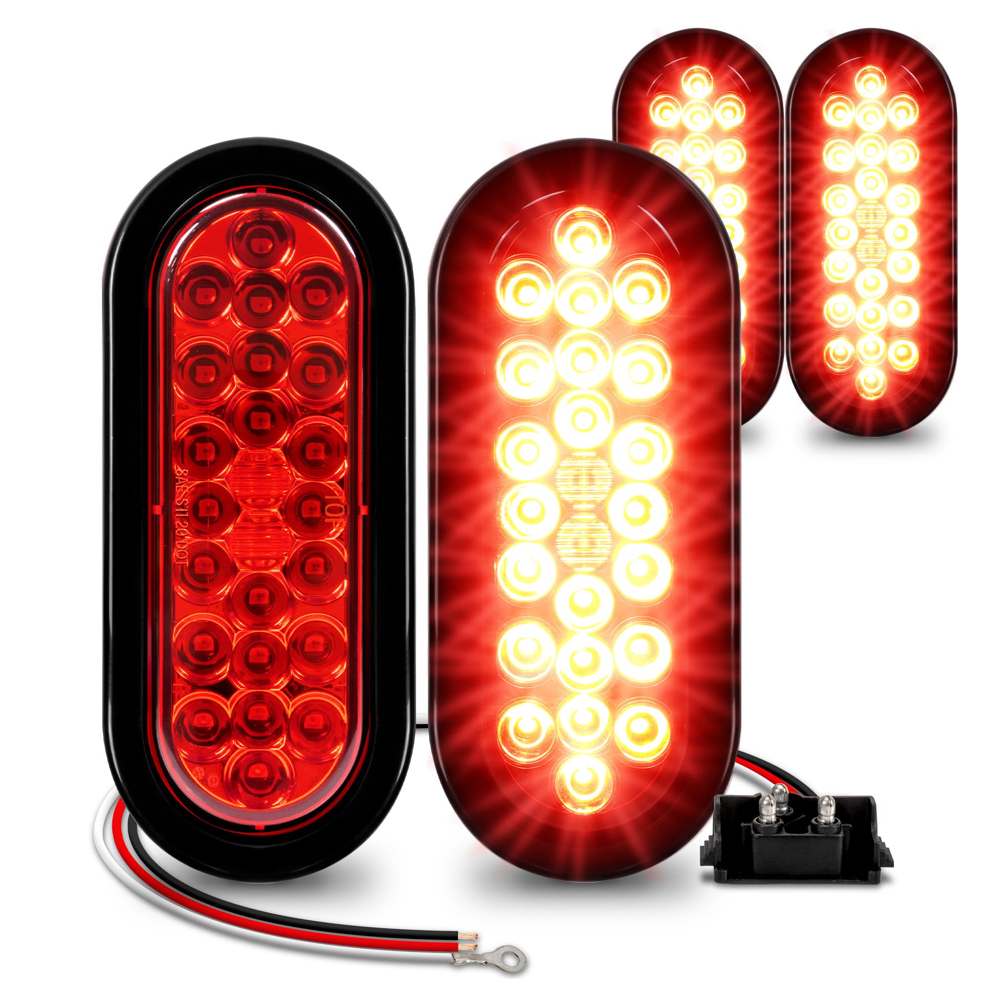 TRUE MODS 4pc 6" Red Oval LED Trailer Tail Light Kit [DOT FMVSS 108] [SAE STIP] [24 LED] [Grommet & Plug] [IP67 Waterproof] [Stop Turn Tail] Trailer Brake Lights for Boat Trailer RV Trucks