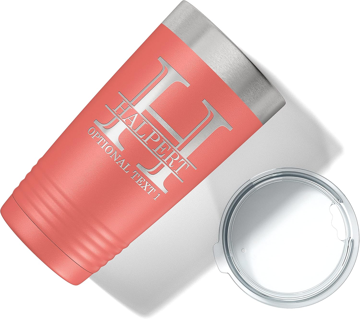 Personalized 20oz (17 Colors) Powder Coated Insulated Stainless Steel Tumbler with Lid, Custom Etched, Customized Engraved Gift Idea for Women Men Her Him, Halpert Monogram Initial Name (Coral)