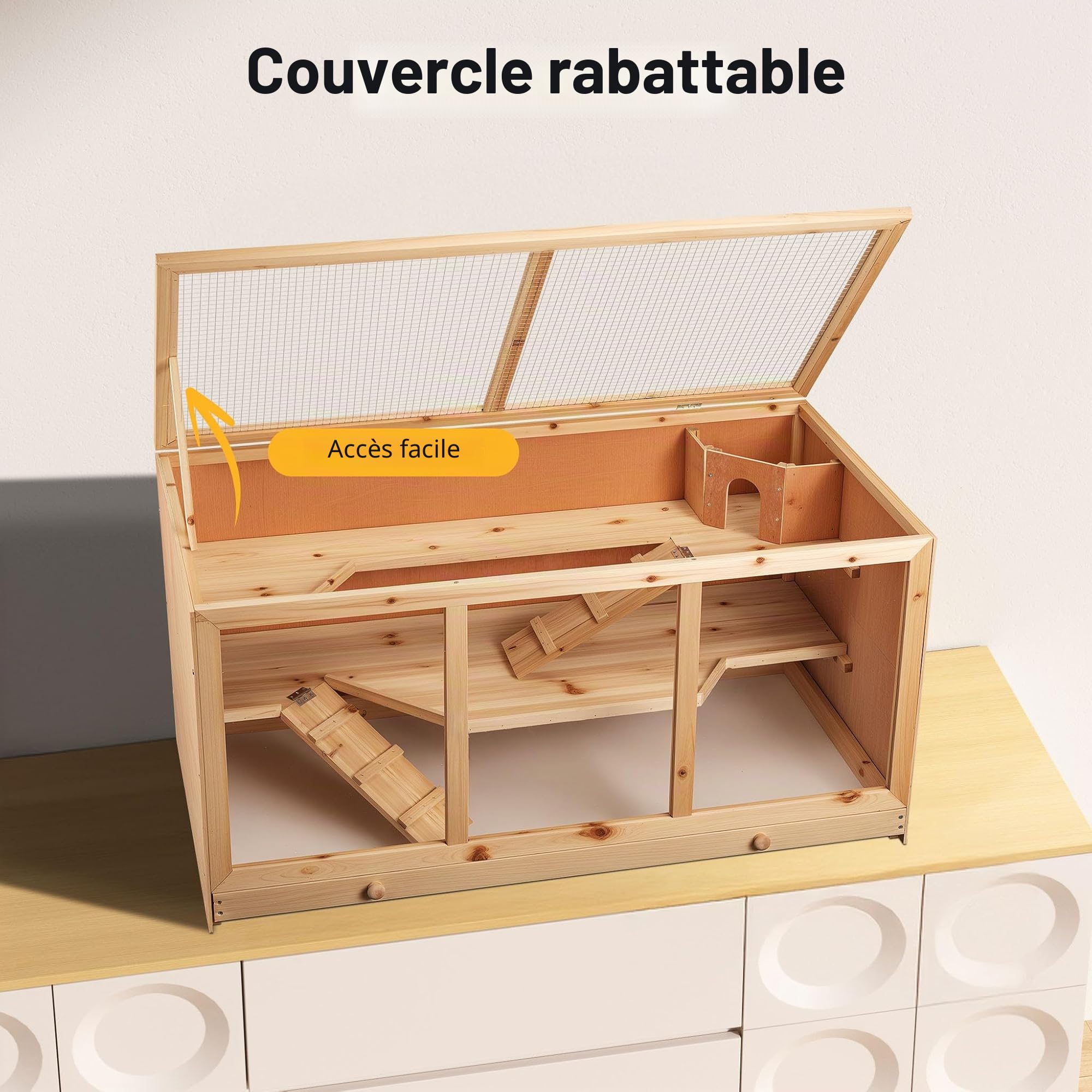 Wiltec Clapier XXL – 115 x 60 x 58 cm – 2 étages – Bois Sapin – avec Esaclier, Couvercle Rabattable et façade vitrée – Cage pour rongeurs Hamsters Souris Rats Lapinière Nichoir