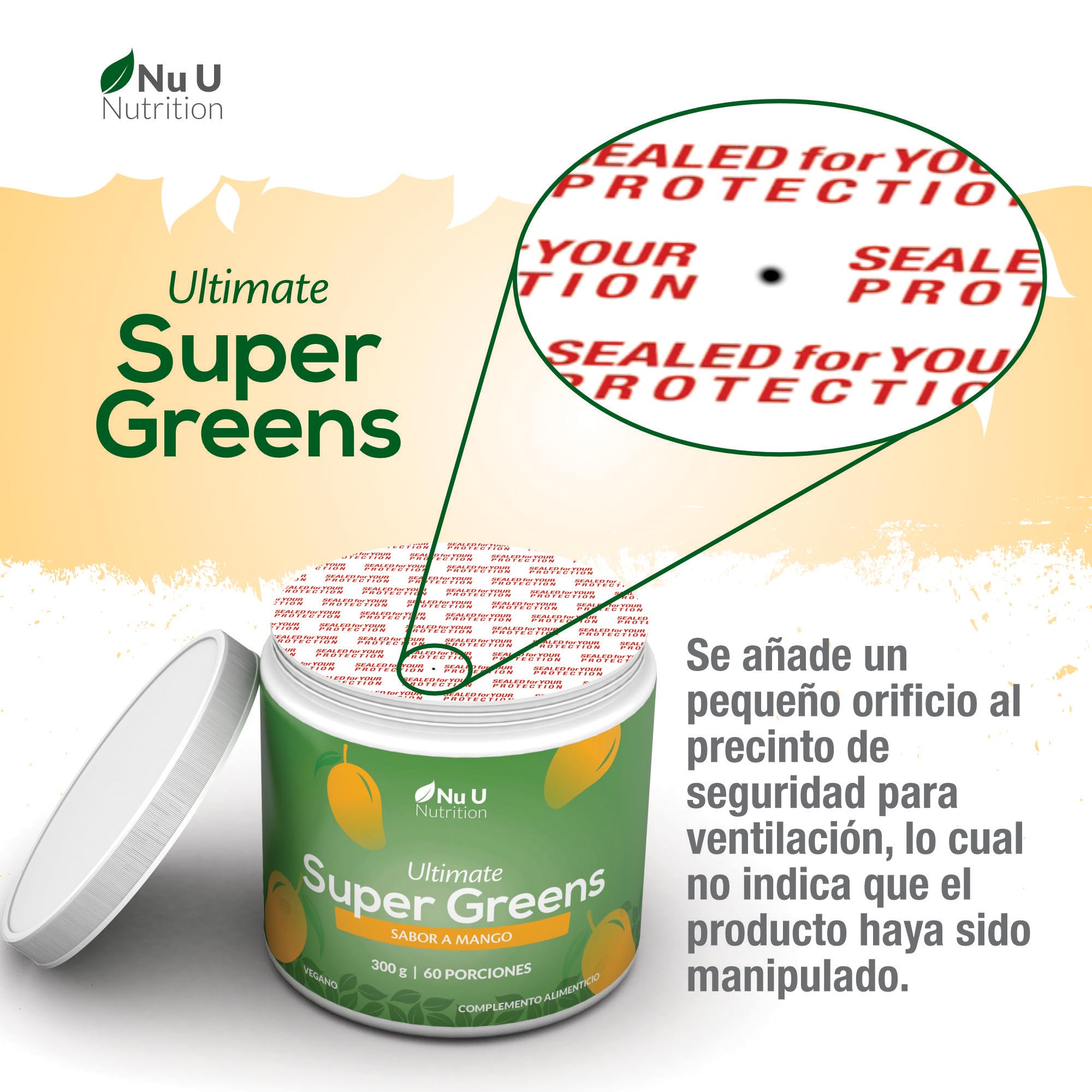 Super Greens | Mango | Polvo de Jugo Verde 300 g - 17 Ingredientes Superalimentarios Activos - 60 Porciones - con Inulina, Espirulina, Clorela, Raíz de Maca y Más - 100% Vegano - Nu U Nutrition
