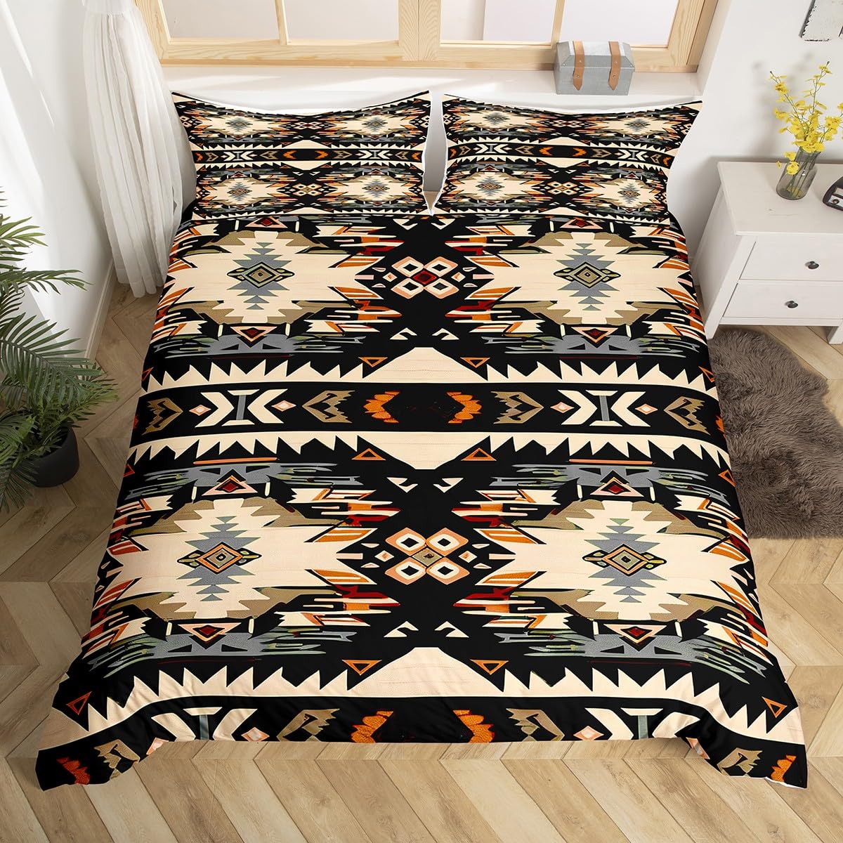 Loussiesd Black Southwestern Bedding Set King Size Geometric Comforter Cover Set Tribal Western Decor Native American Design Duvet Cover Stripe Line Bedspread Cover Room Decor Quilt Cover - Image 3