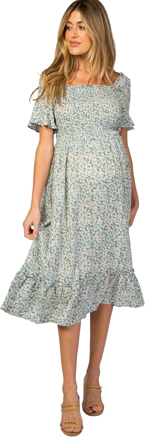PinkBlush Light Floral Ruffle Maternity Midi Dress