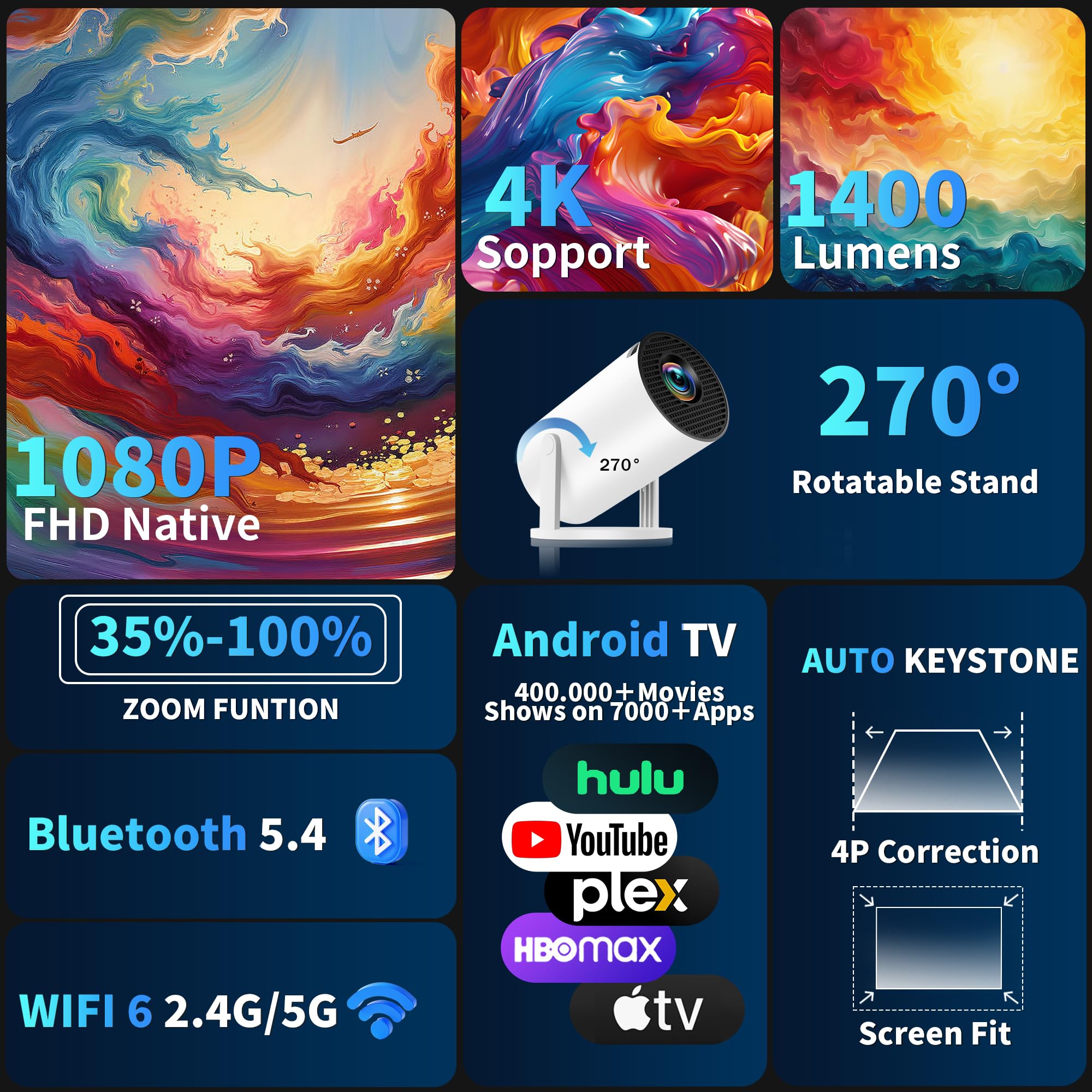 Mini Projector 4K [Built-in App & Auto Focus Auto Keystone]Support 1080P, Mini Projector with WiFi 6 and Bluetooth 5.4 and 90° Rotatable, Portable Projector for Home Theater with HDMI/TV Stick/Laptop