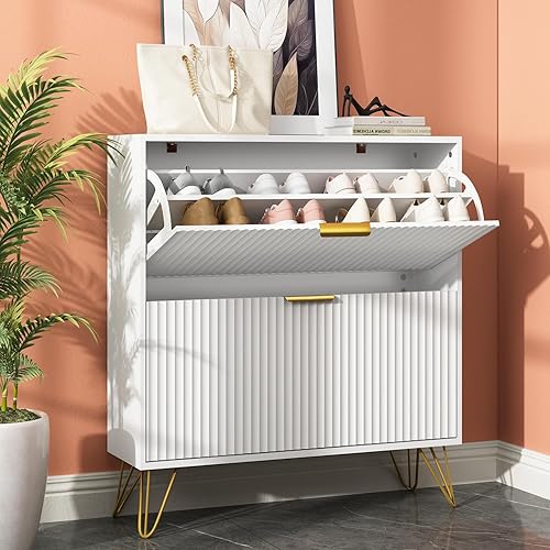 Miniatura 1 de Armario de almacenamiento de zapatos con 2 cajones abatibles, gabinete de zapatos estriado de 31.5 pulgadas de ancho para entrada, almacenamiento