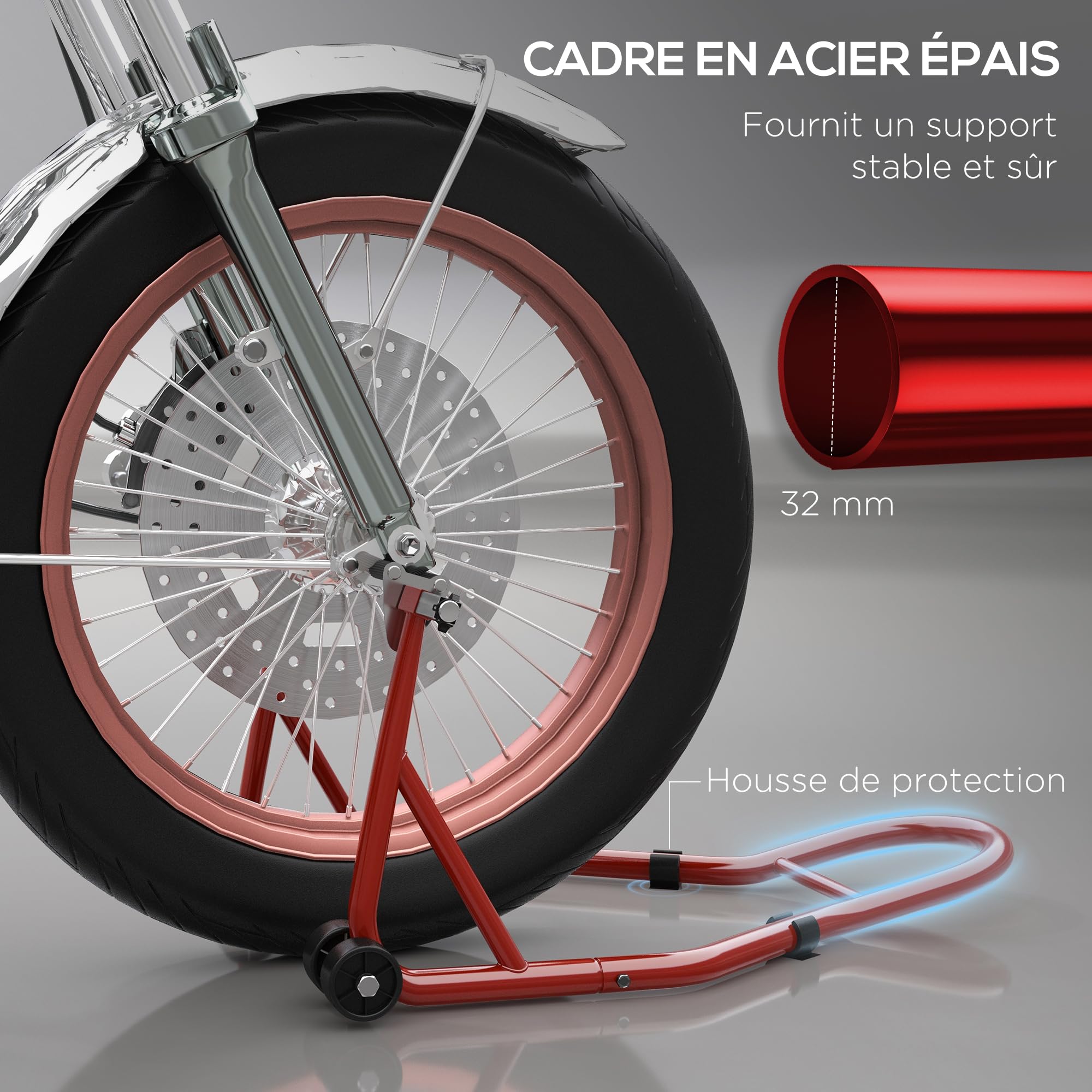 HOMCOM Béquille d'Atelier Moto Avant avec Goupille Réglable Acier Rouge | Support pour Moto, Adaptateurs pour Bras Oscillant, Support Universel de Levage pour Atelier