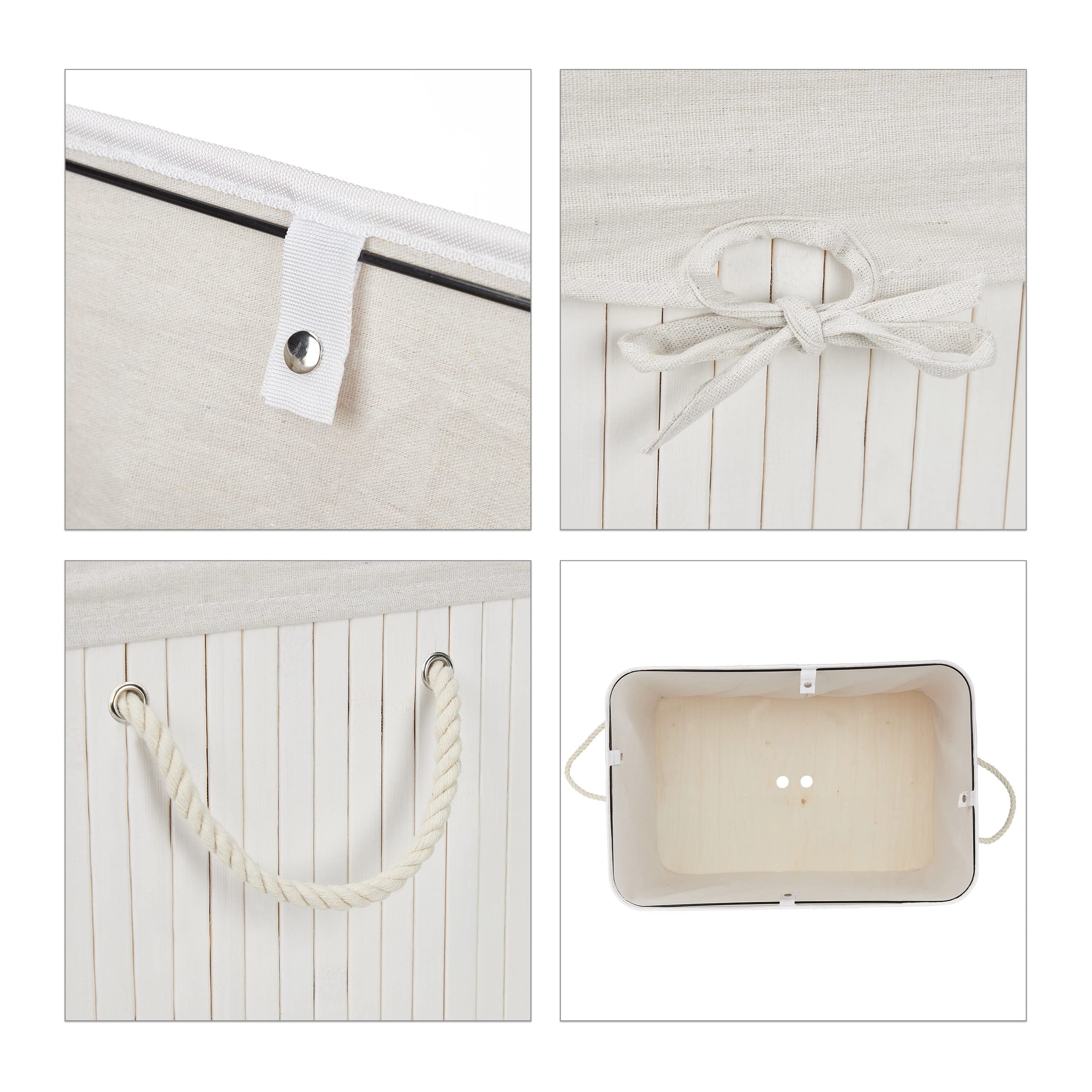 Relaxdays Cesto Ropa Sucia, 3 Compartimentos, con Tapa, Cesta Colada Rectangular, 62 x 62,5 x 42,5 cm, Bambú, Blanco
