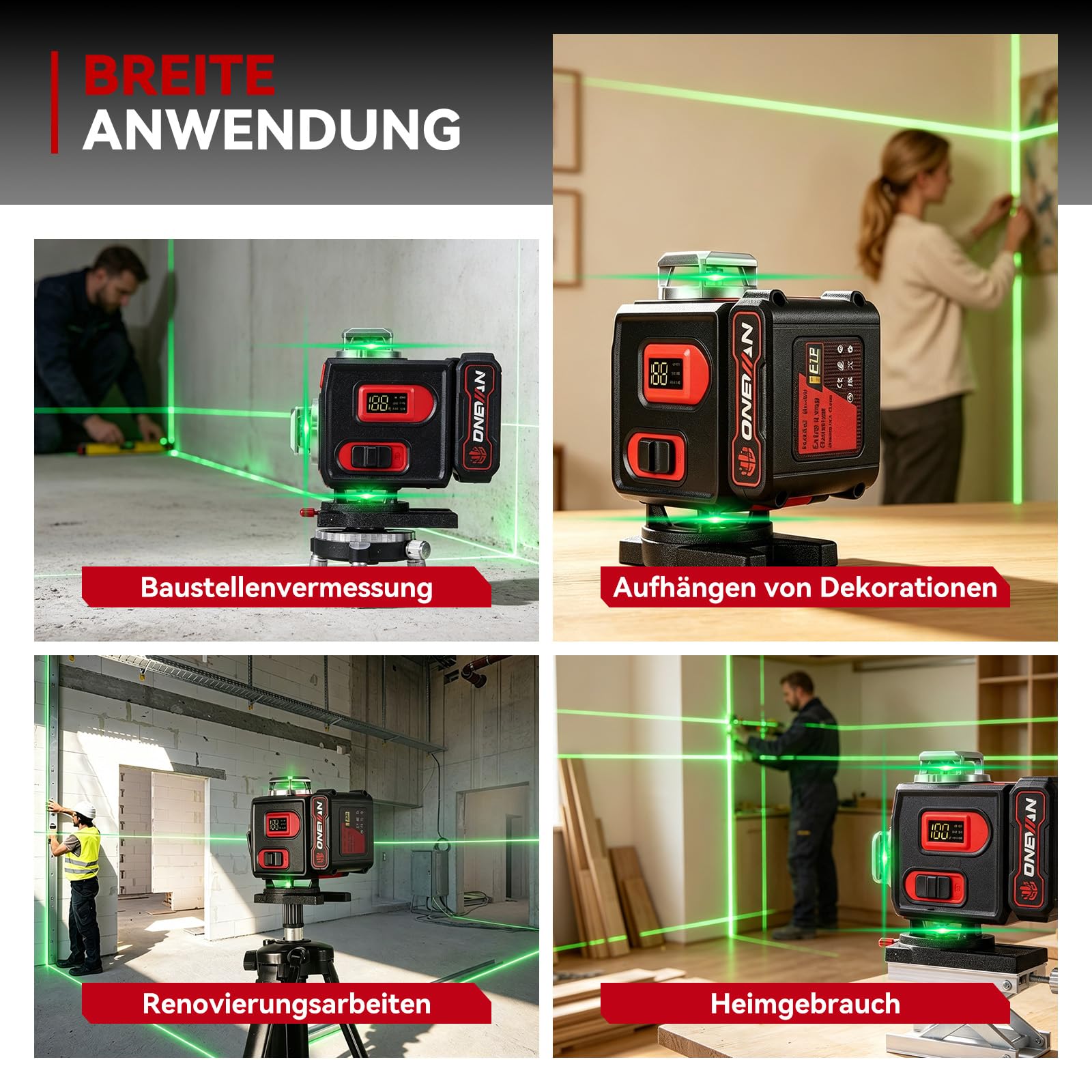 ONEVAN Nivelador Laser con Tripode, Autonivelación, 360° 4D Láser Verde | Autonivelación ±3°, 30m mando a distancia, pantalla LCD, con 2 baterías 4800mAh, para trabajos de montaje y pavimentación