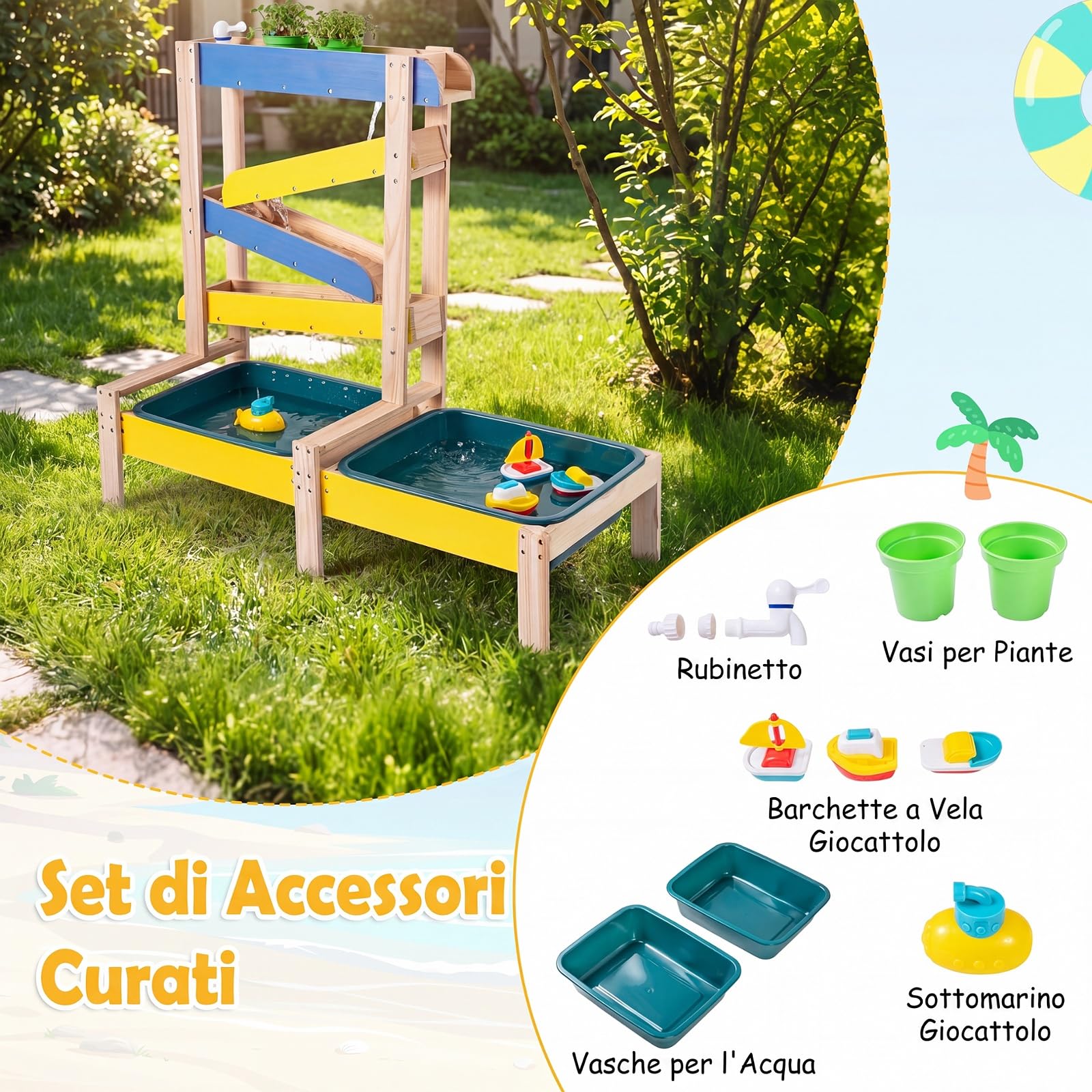 COSTWAY Tavolo Sabbia e Acqua in Legno, per Bambini 3+ Anni | Tavolo Gioco Acqua con 2 Vasche per l'Acqua, 2 Vasi per Piante, Barchette, Rubinetto e Sottomarino Giocattolo, 92x35x79,5 cm