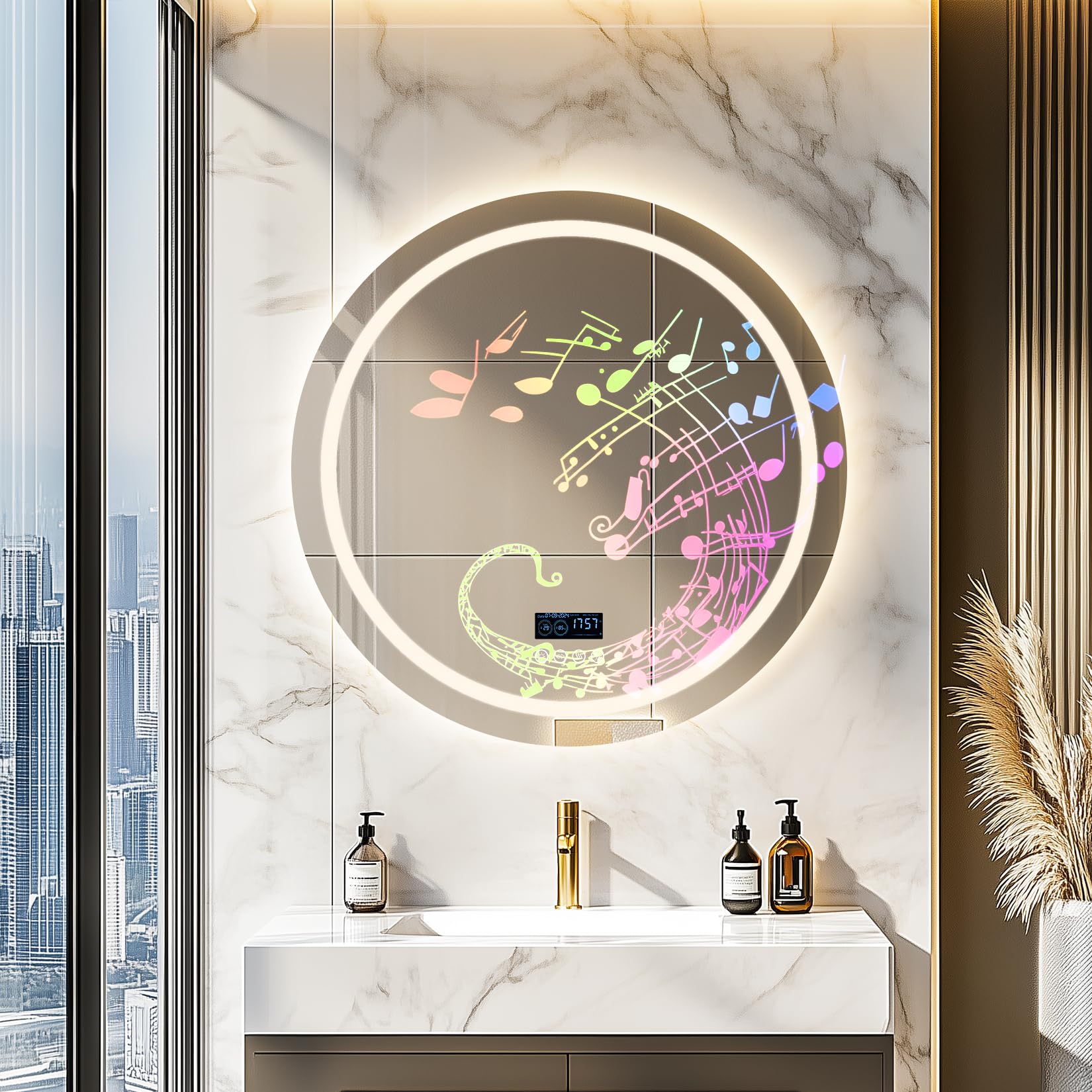 LUVODI Smart LED Bathroom Mirror: 32” Round Lighted Shower Mirrors with Bluetooth Speaker and Time Temperature Display - Large Circle Wall Dimmable Vanity Mirror with Backlit + Front Lit,Anti-Fog