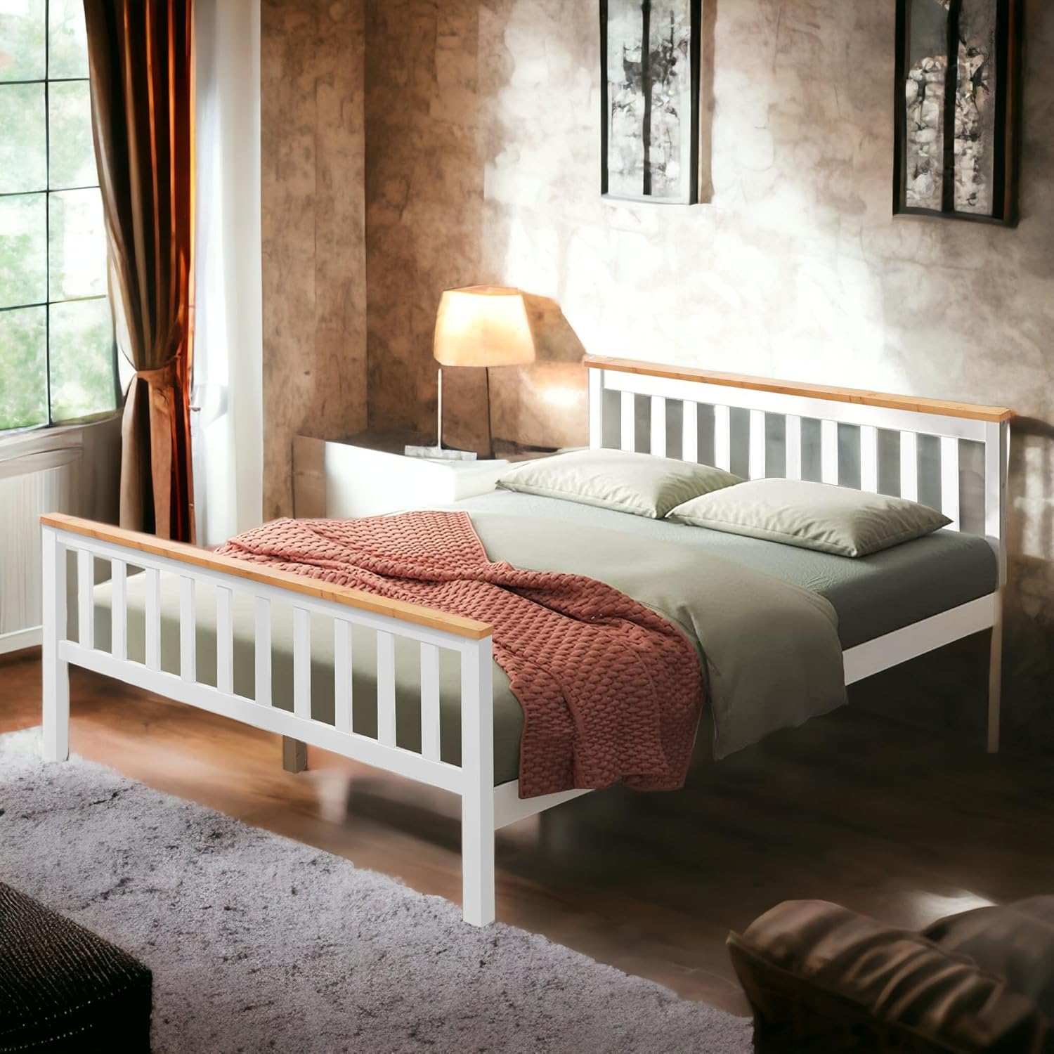 5ft King Size Bed Frame, Solid Pine Wood Slatted Base Day Bed For Adults Teenagers Bedroom