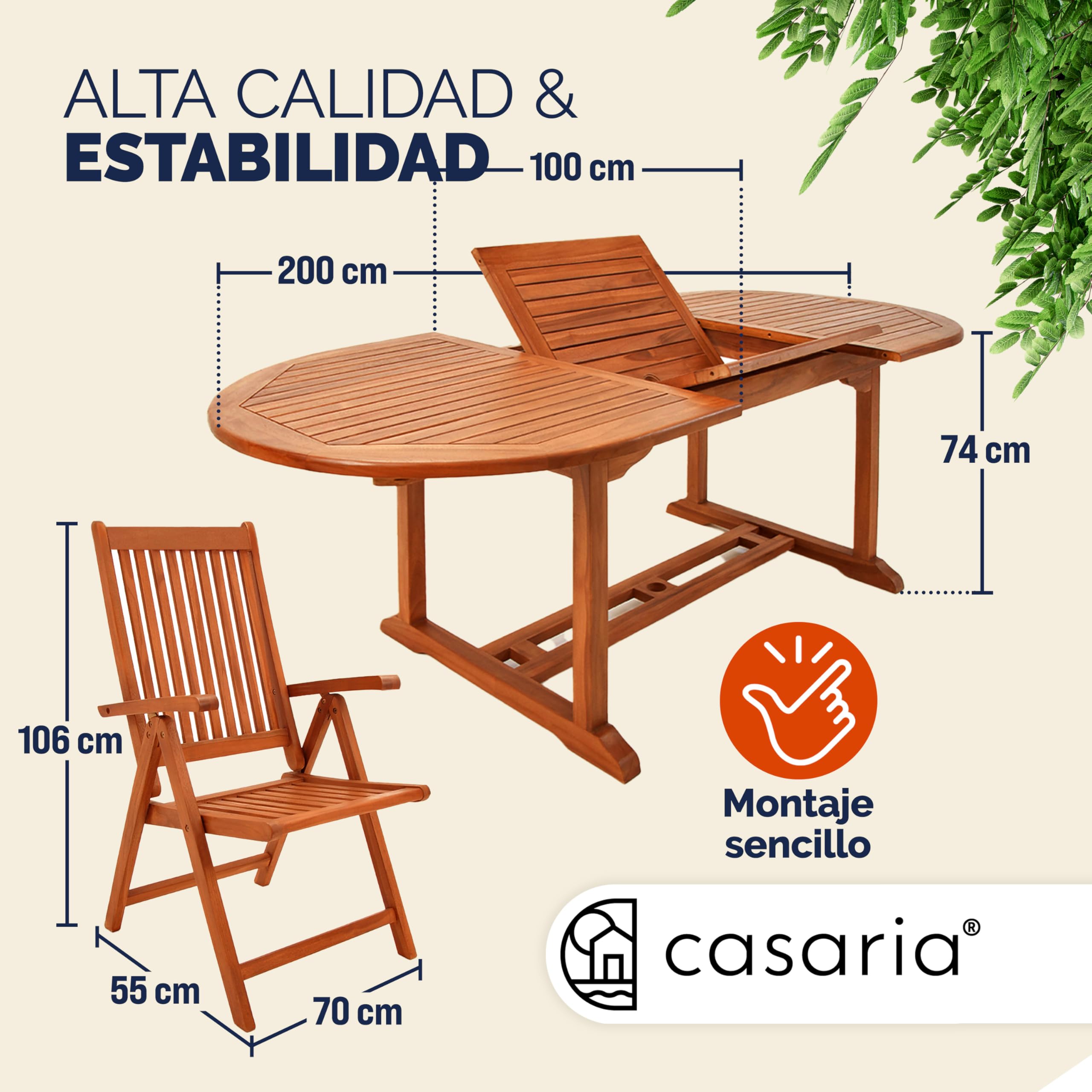 CASARIA® Conjunto de Jardín Exterior Mesa 6 Sillas Juego Comedor Patio Terraza Madera Eucalipto FSC® Asientos Ajustables 5 Posiciones Apilables Tablero Ampliable Apto Sombrilla Resistente Intemperie
