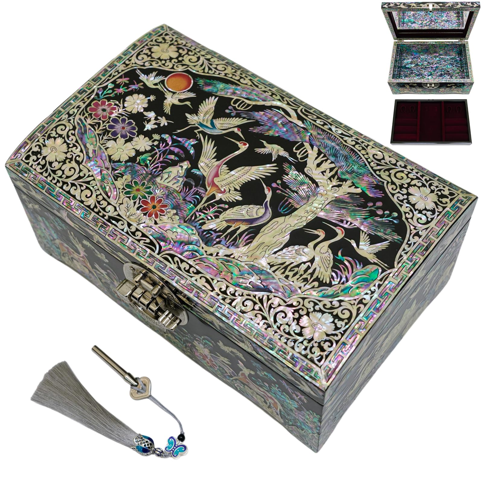 February Mountain Women's Black Korean Mother-Of-Pearl Locking Jewelry Box: Exquisite Handcrafted Art With Lacquer Finish, Colorful Crane And Pine Tree Design, And Hidden Mother-Of-Pearl Interior