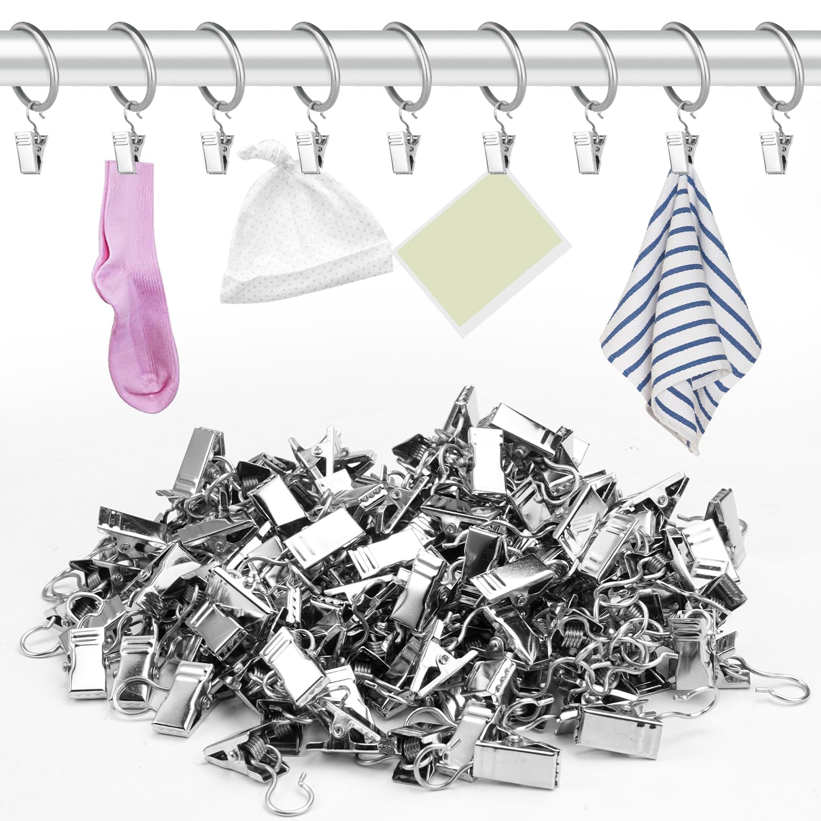 150 Pezzi Clip per Tende in Acciaio Inox, Clips per Doccia Tenda in Metallo, Mollette per Tenda con Gancio, Piccoli Ganci Tende Multifunzionali per Tendaggi, Foto e Decorazioni da Domestica, Argento