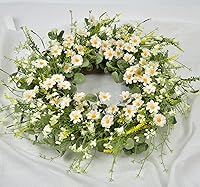 Vista 5 de Corona de primavera de margaritas artificiales de 24 pulgadas con hojas verdes de eucalipto, corona de granja para puerta delantera, pared y Blanco