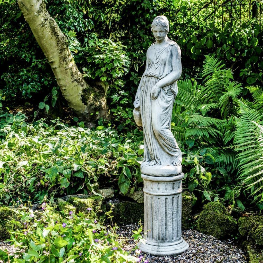 Discount Garden Statues Women's Antique Grey Dgs Statues – Stone Cast, Greek Lady Holding Water Jug On Column, Hand Finished, Statue, Sculpture, Large, Life-Size
