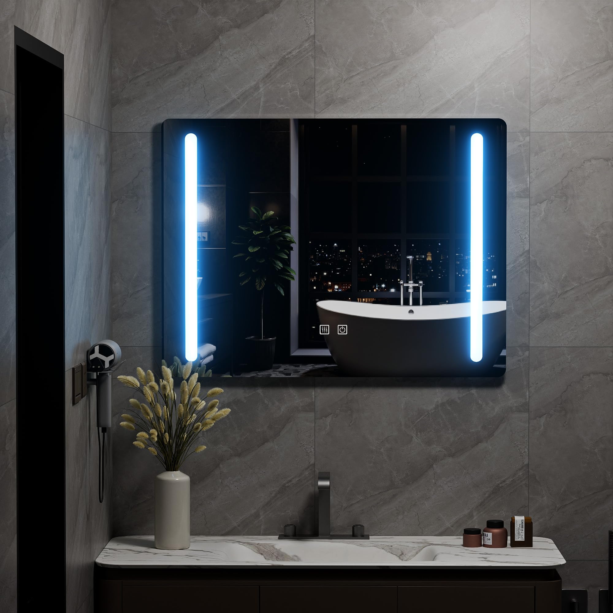 Espejo de baño con luz y antivaho, 80 x 60 cm, rectangular, espejos de pared para baño con LED iluminado, ajustable en 3 colores (enchufe estándar europeo)