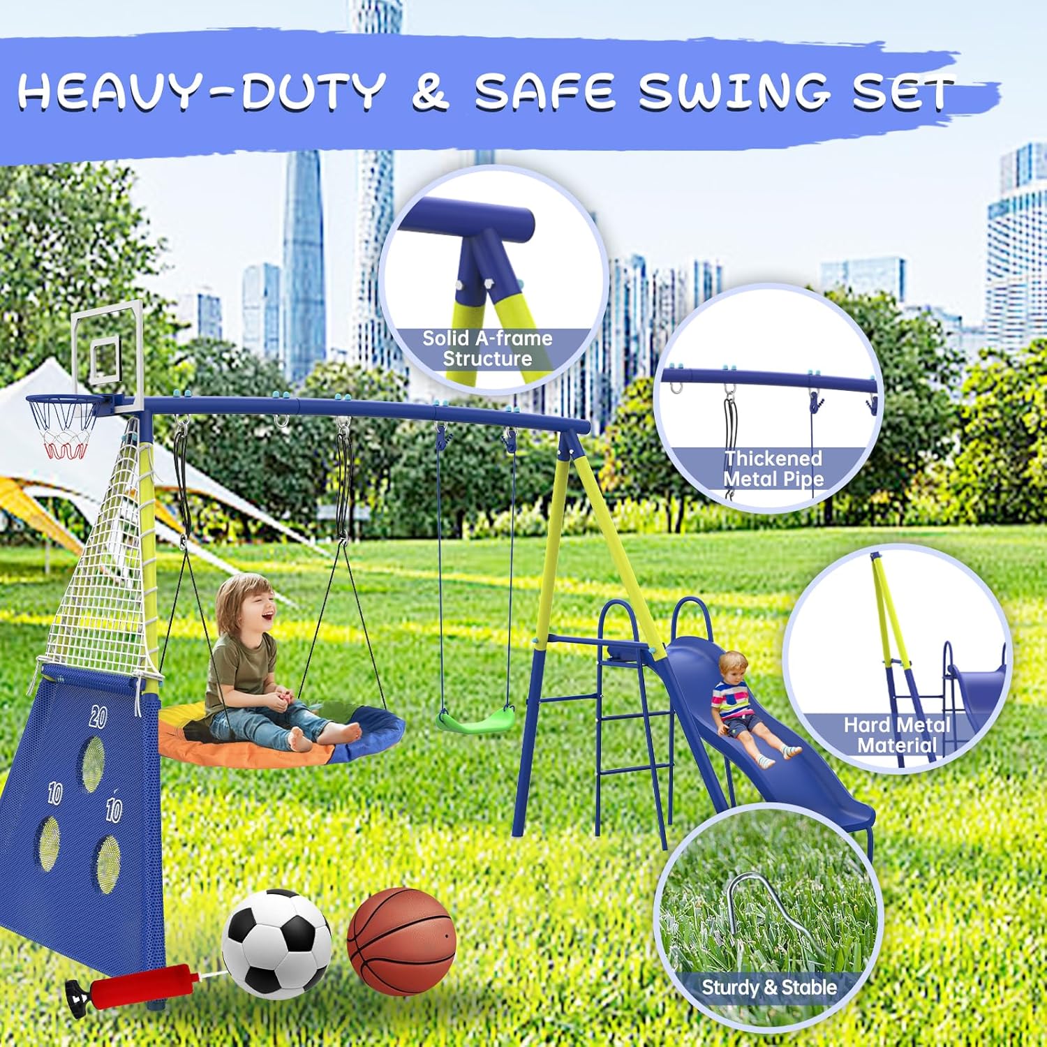 Swing Sets for Backyard with Kids Slide Outdoor Heavy-Duty Metal Playset for Kids 440lbs 5 in 1 Swing Set with Slide, Saucer Swing Seat, Belt Swing, Soccer Goals and Basketball Hoop