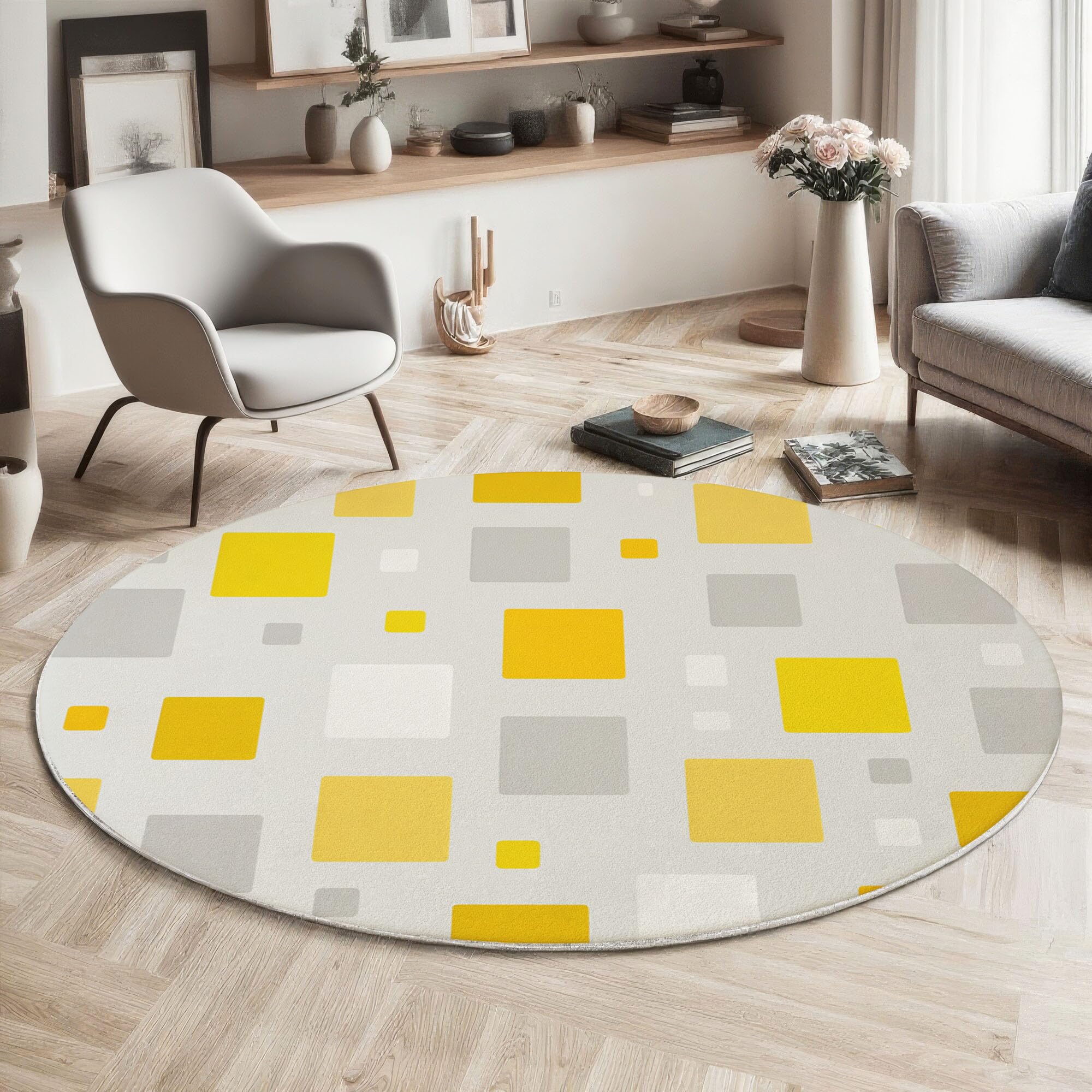 Tapis rond poil court doux beige jaune 120 cm lavable intérieur et cuisine