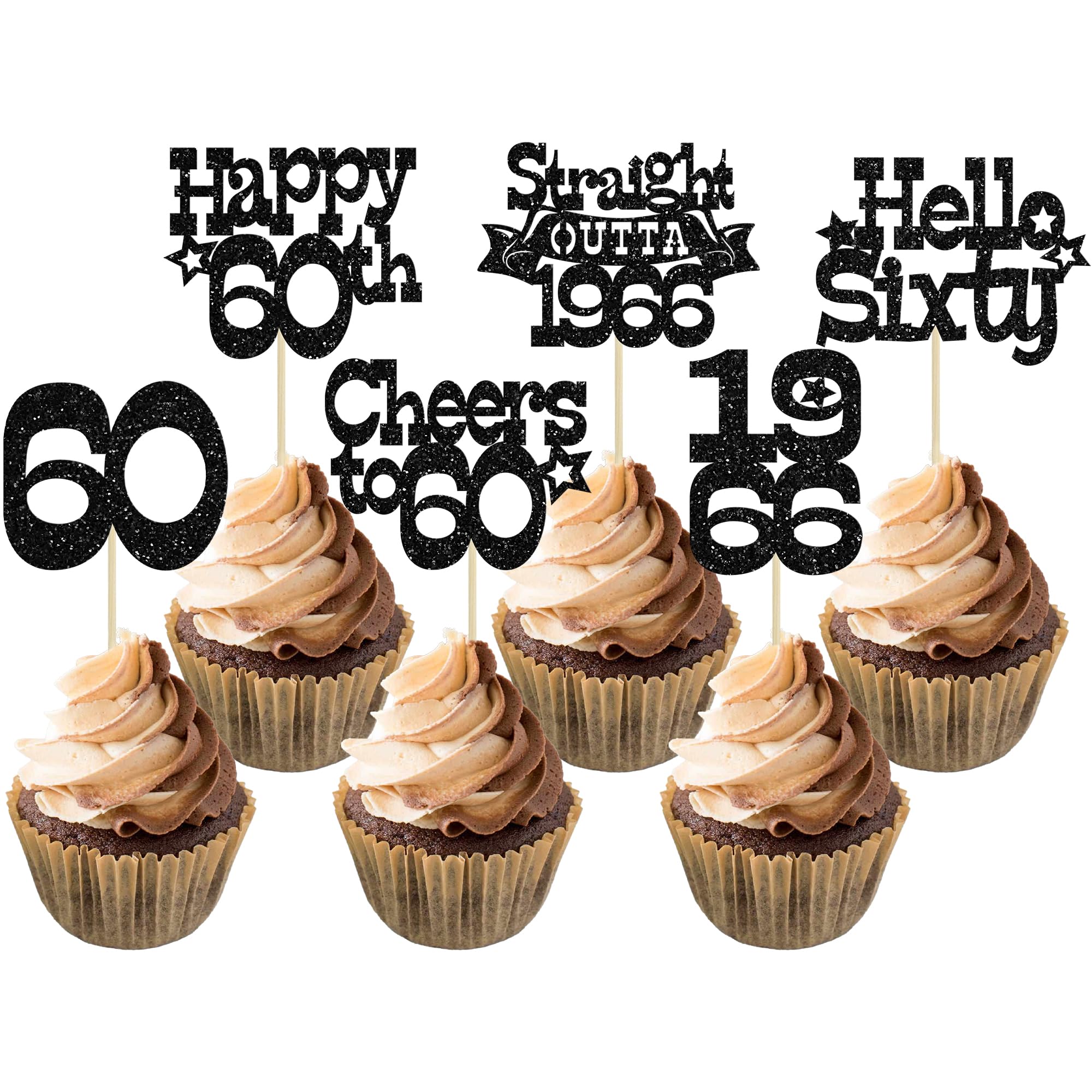 Ephlyn 30Pcs Straight Outta 1966 Cupcake Toppers Glitter Sixty Happy 60th Birthday Cupcake Picks Cheers to 60 Years Cake Decorations for Happy 60th Birthday Anniversary Party Supplies Black