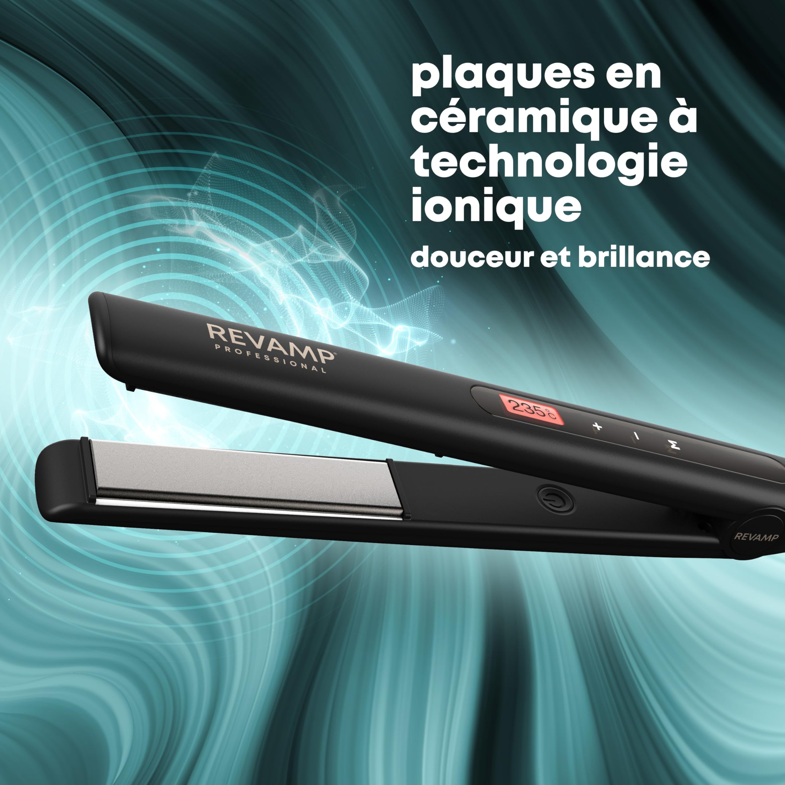 REVAMP Touch Lisseur Céramique Digital - Lissage et Boucles Professionnels, Plaques Céramique Ionique, Contrôle Température Tactile 80-235 °C, Câble 3 m Rotatif - Noir