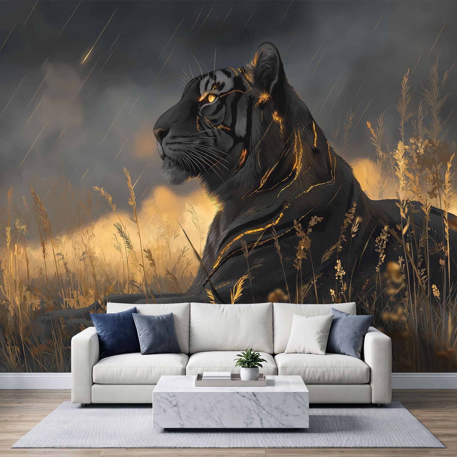 Naturalna dżungla, czarny tygrys, złoty, XXL, fototapeta - szer. 350 x wys. 256 cm - Dark Fantasy tapeta ścienna tapeta na fizelinie, czarna tapeta obrazowa, dekoracja ścienna do gabinetu, salonu