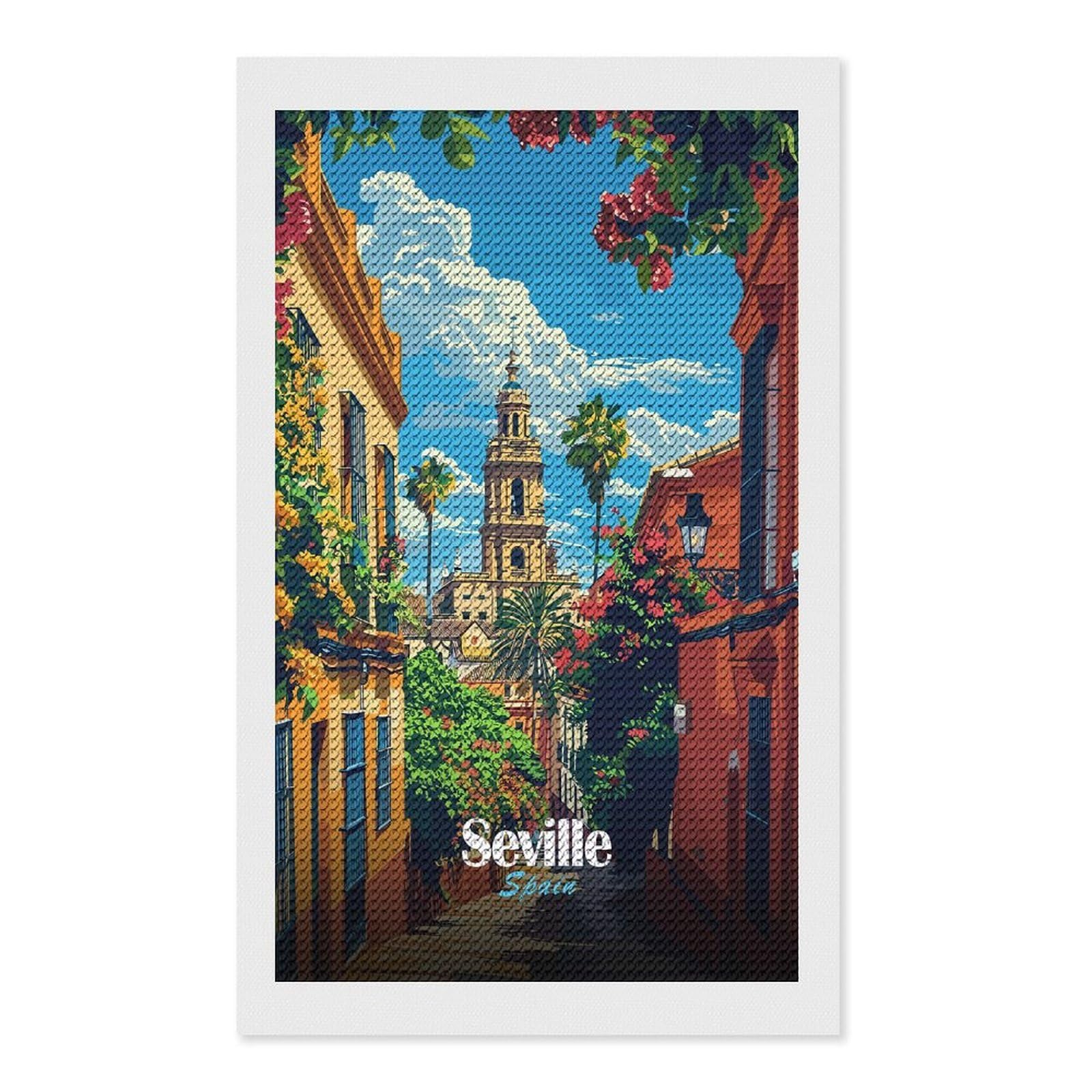 Junmoney Seville, Spain Street View Illustration Diamond Painting Set 12"x20", Arts and Crafts, Wall Art Gift, Full Kit Included, Relaxing Handmade Project