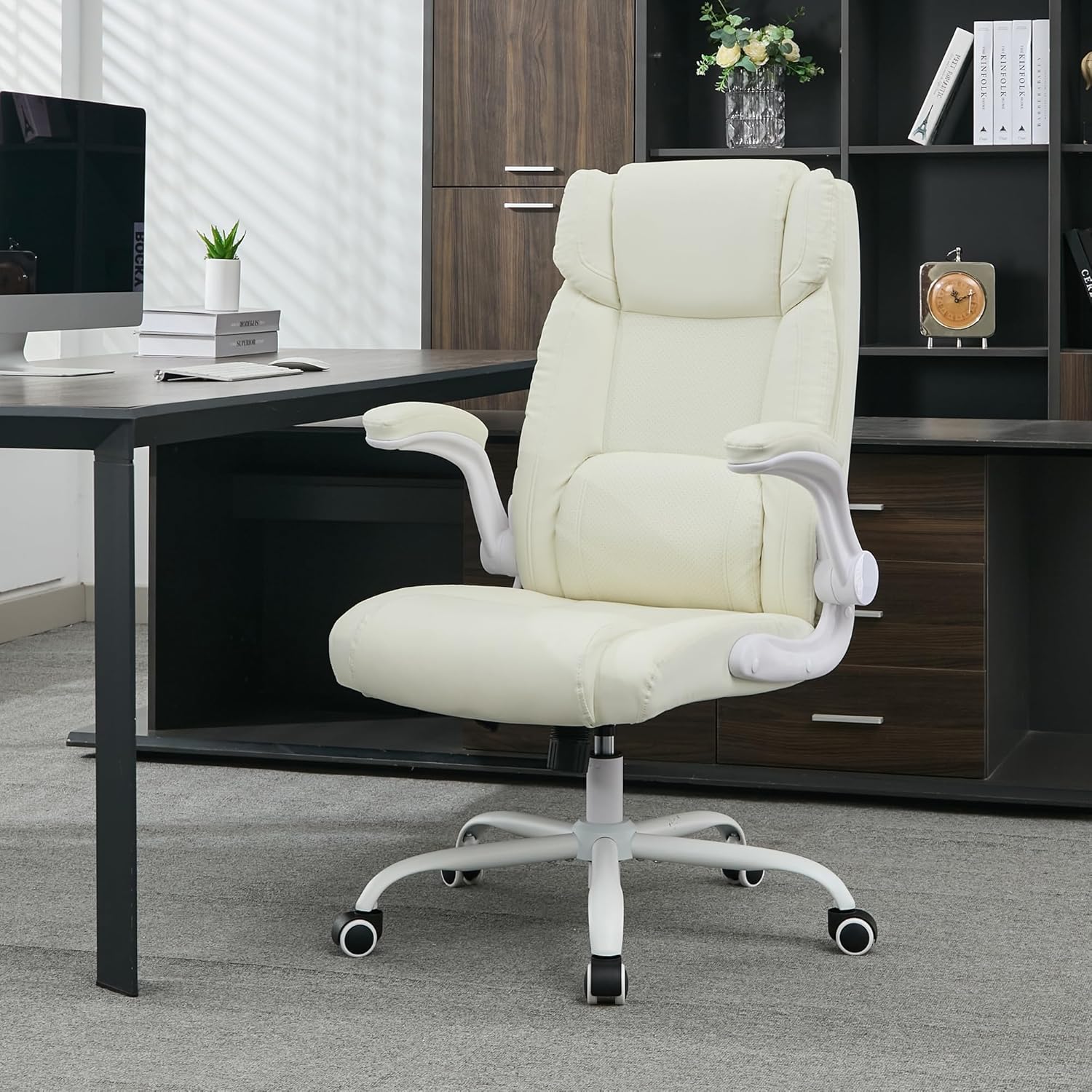 Office Desk Chair,Ergonomic Conference Room Chairs,Mid Back Executive Leather Chair,Comfy Computer Desk Chairs with Adjustable Flip-Up Arms and Rocking Function (Beige)