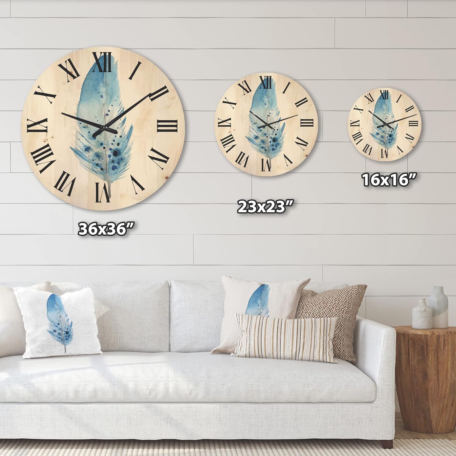 'Abstract Blue Boho Feathers' Bohemian & Eclectic Wood Wall Clock Large Decorative Spiritual Wall Clock Oversized Wood Clocks for Living Room Décor