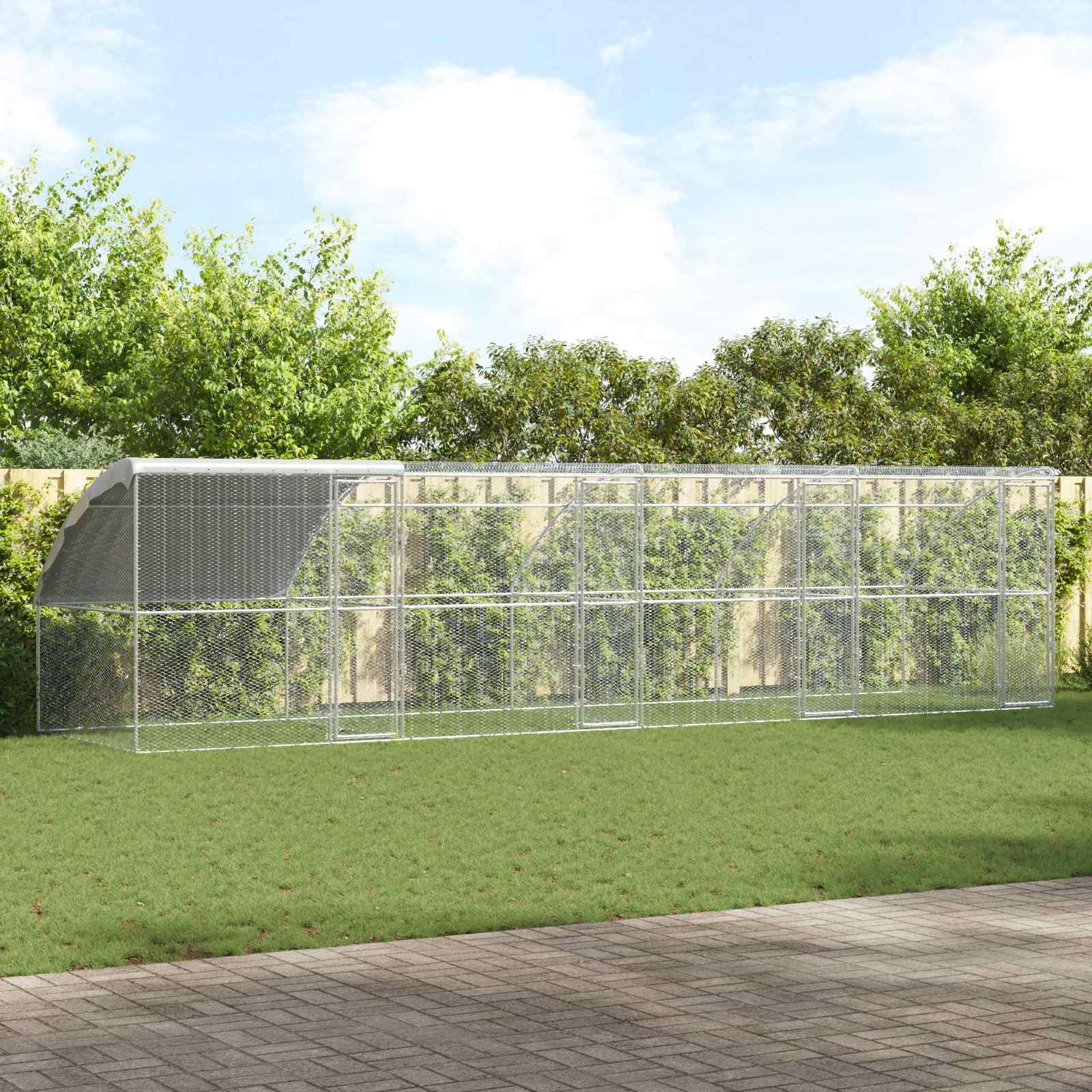 Klatka dla kurcząt ze stali i PE w kolorze srebrnym, 4-częściowy wybieg dla małych zwierząt 800 x 200 x 200 cm, odporny na warunki atmosferyczne domek dla gryzoni z siatką ochronną i dachem