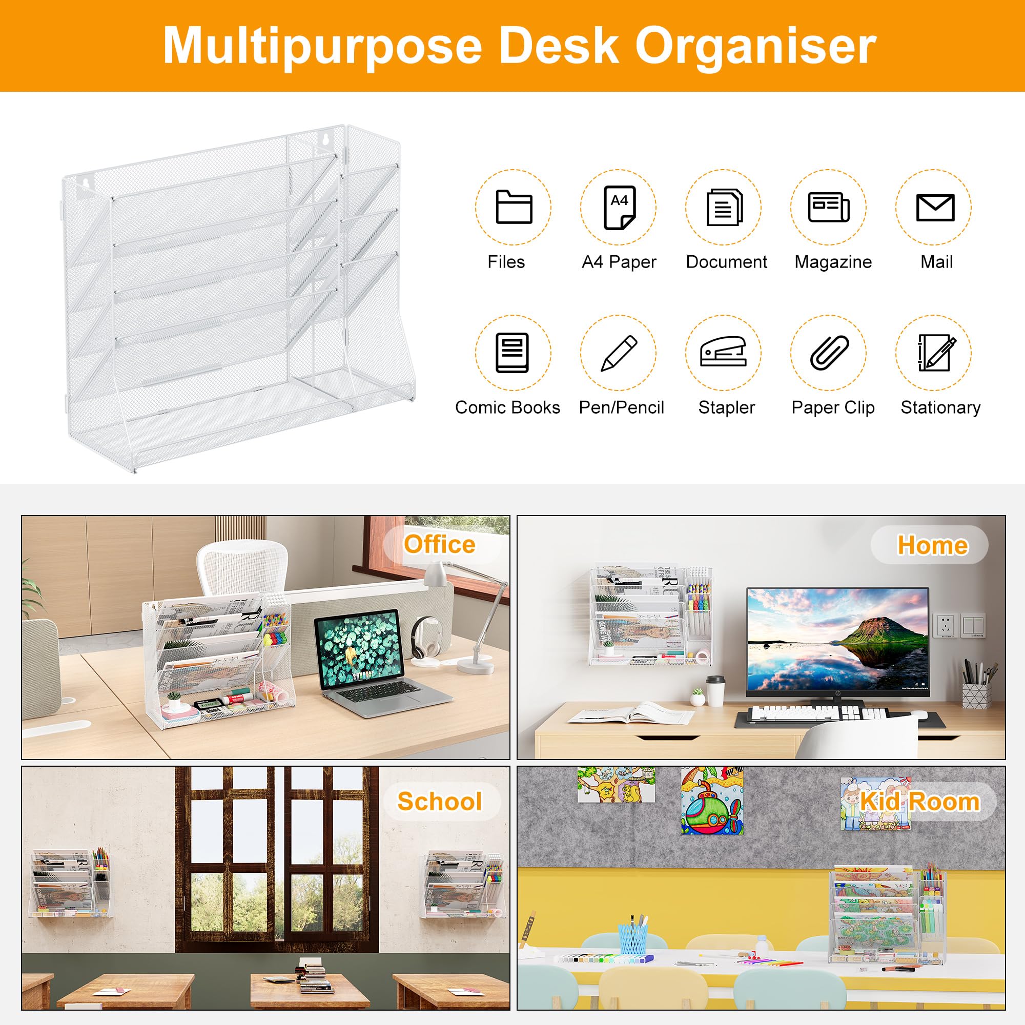 Porte Revue Mural Métal 5 Compartiments avec 3 Porte Stylo Rangement Document A4 Organisateur de Bureau Blanc
