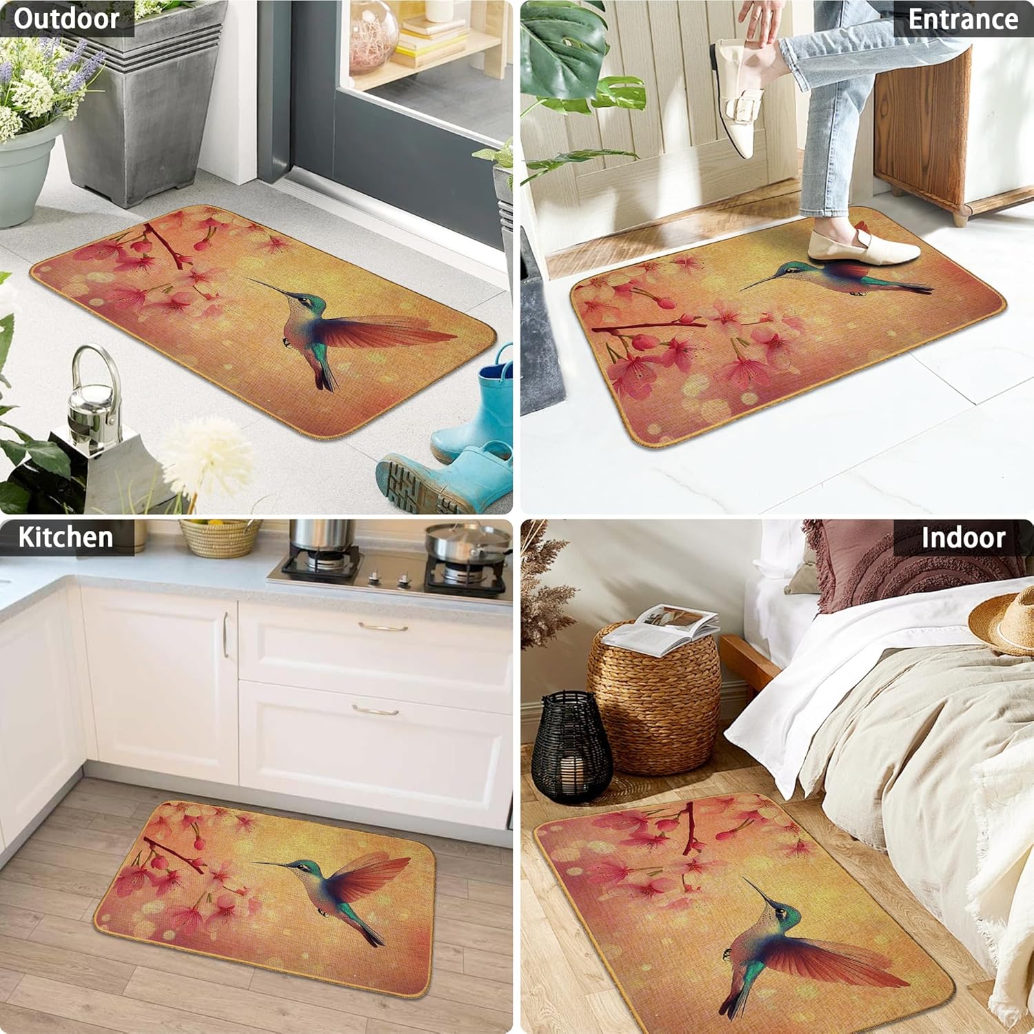 Doormat Hummingbird Front Door Mat Indoor Outdoor Entrance,Pink Cherry Blossom Door Mat Waterproof Low Profile All-Season,Easy Clean Patio Porch Entryway Floor Rug 17x29 Inch