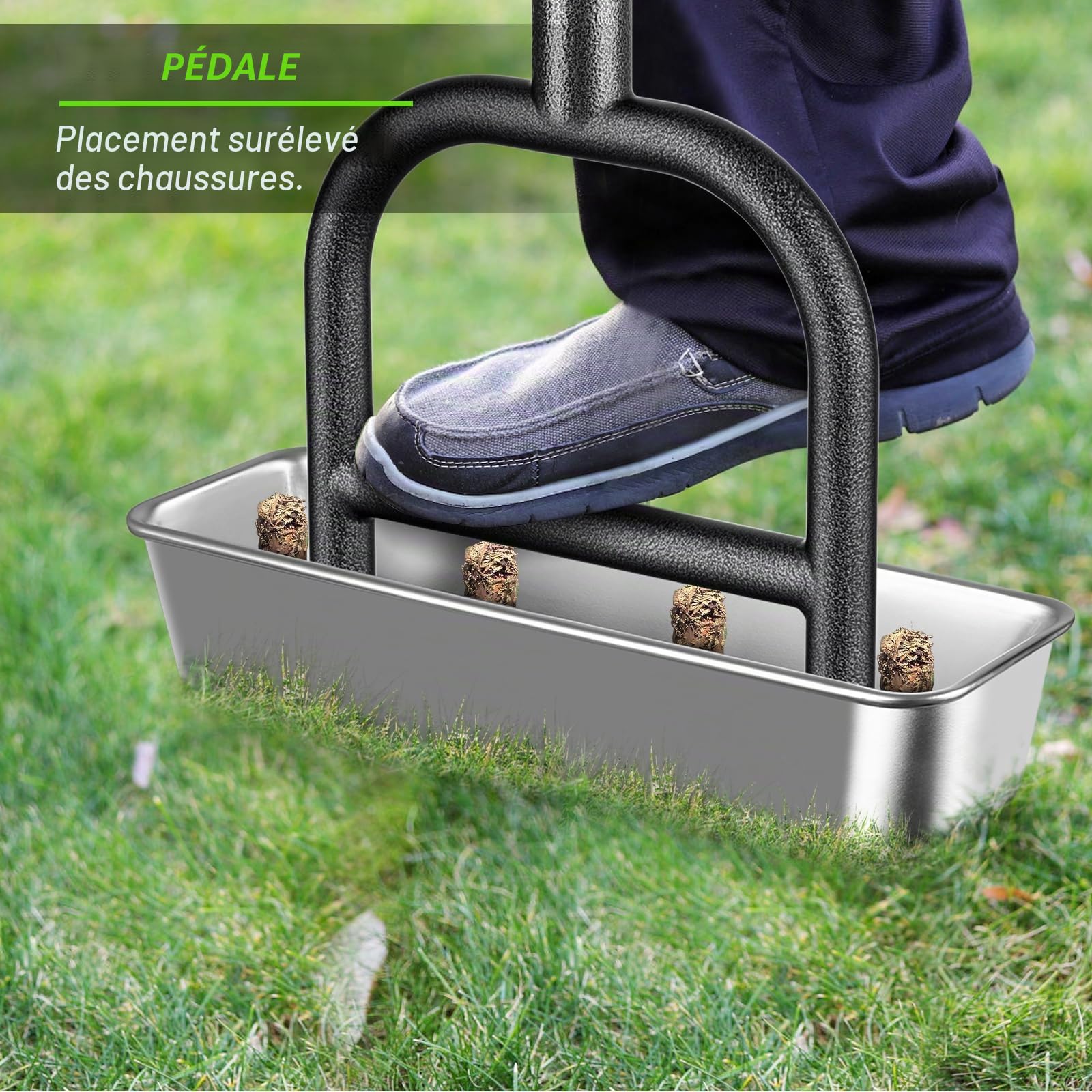 Dolibest Aérateur de Gazon Pelouse, Outil d'Aération Manuel Outil d'aération Manche Manuel Bouchon Terre Jardin 4 Pointes Carottage Poignée Souple avec Plateau Stockage Noyaux et Outil de Démoulage