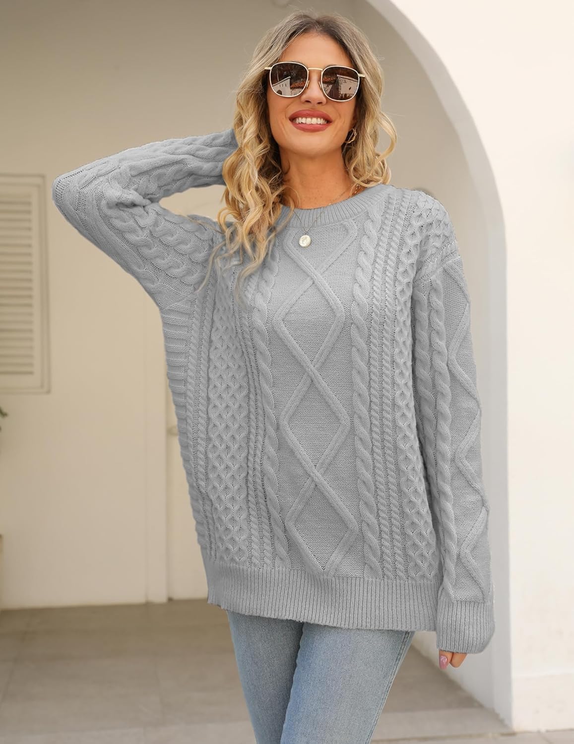 Vamtac Cable Knit Sweater Women Solid Oversized Pullover Sweaters Casual Vintage Crewneck Woven Tops - Image 3