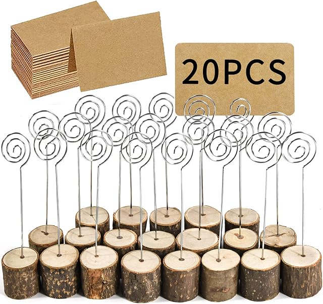 newsbirds 20 Pack Rustic Wood Place Card Holders, Picture Holder Stand Rustic with 20 Pieces Kraft Place Cards Bulk for Name Cards Photo Holders for Christmas Wedding Party Sign Food Cards Label