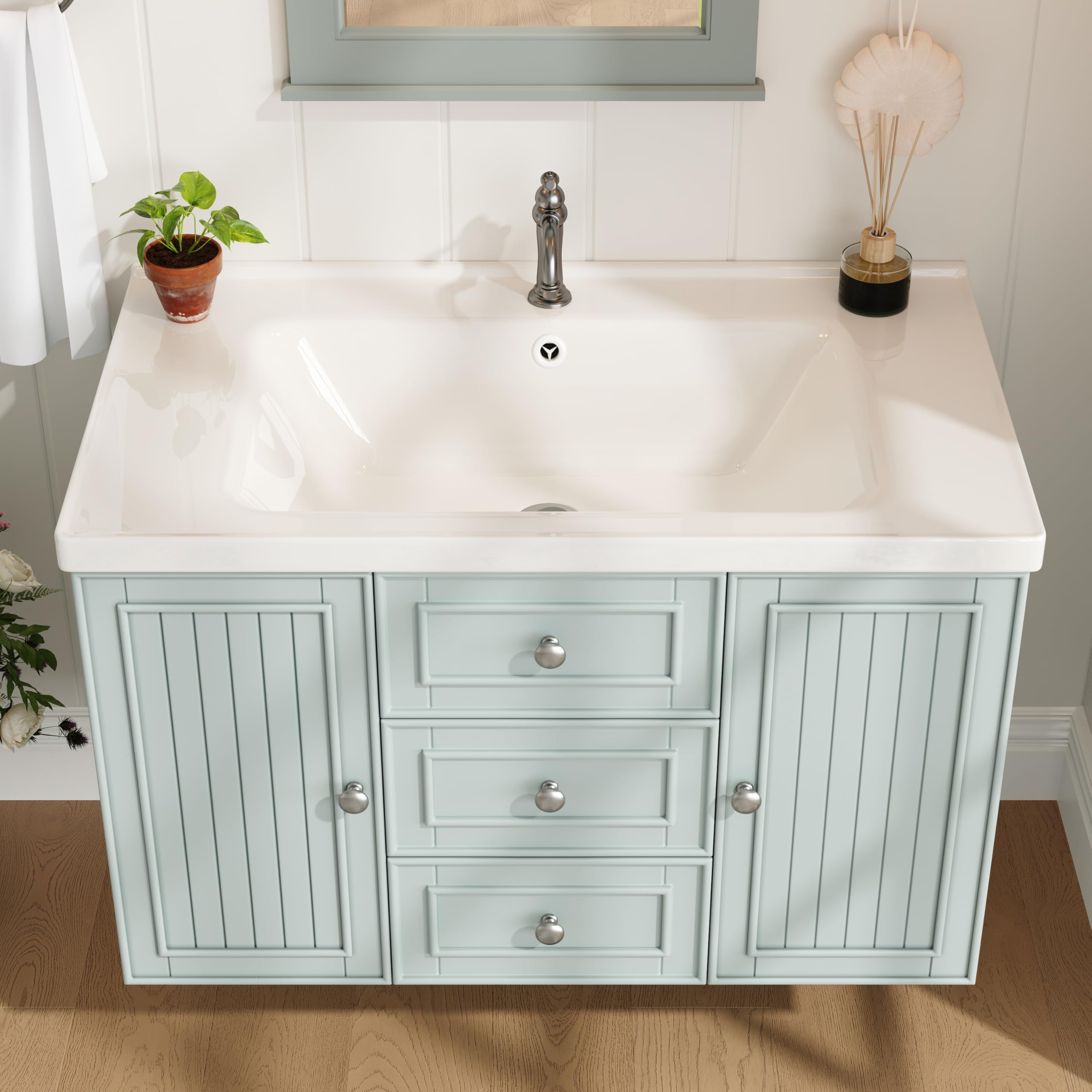 Mueble Baño de Pared con Lavabo y Almacenaje, Muebles de Baño con 3 Cajones y 1 Puerta, Lavabo con Mueble, Muebles Auxiliares Armario de Baño, 81x46x50.3 cm, Verde