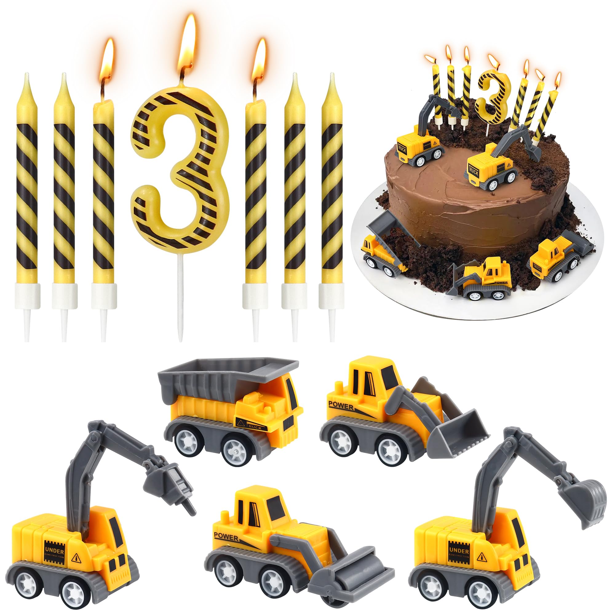 Construction Birthday Candles, 12 Pcs Construction Vehicles Cake Toppers Set with Birthday Number Candle and Black Stripes Candle Cake Topper for Birthday Anniversary Party Cake Decorations (Number 3)