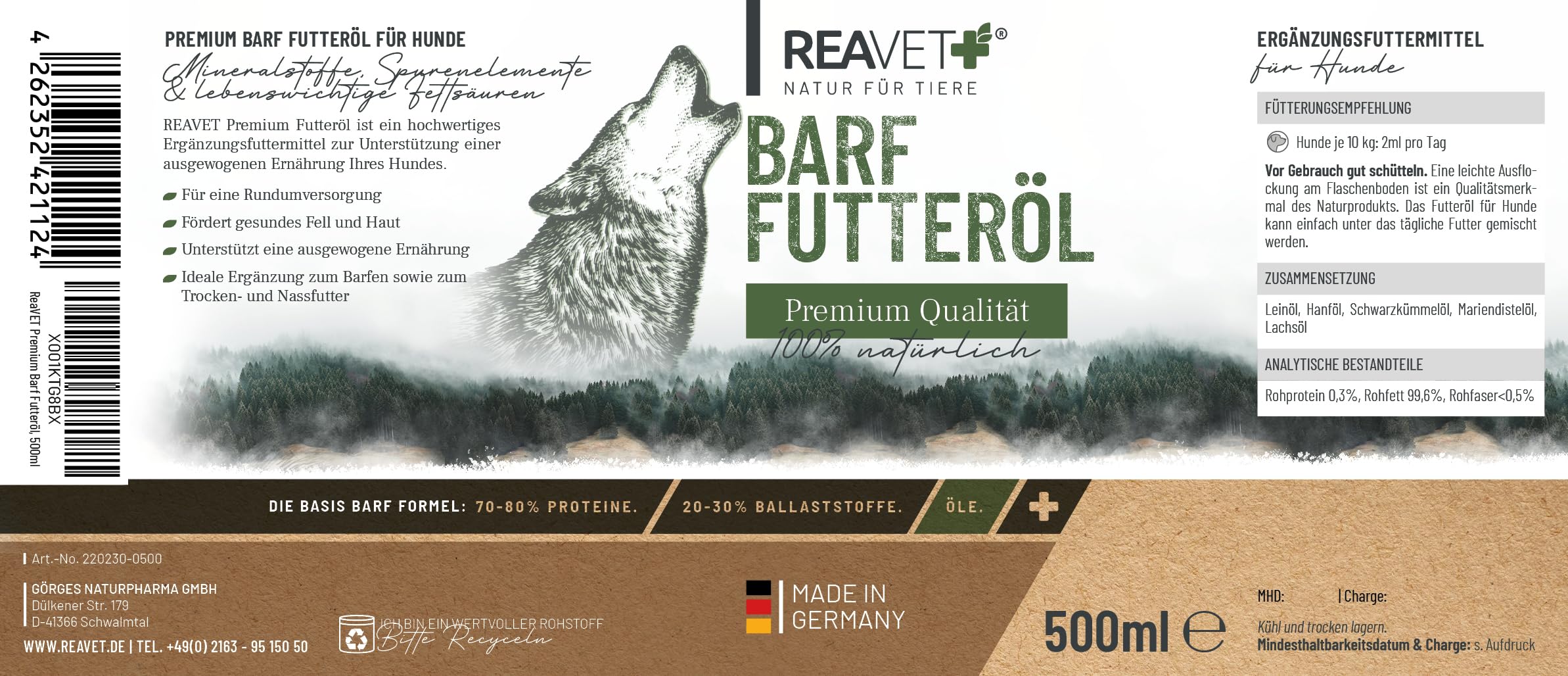 Revet, olio per mangimi professionale 05/24, 500 ml, per cani, 1. spremitura a freddo, olio per barf, olio per mangimi per cani, miscela di alta qualità e perfetta, additivo per cani, naturale e